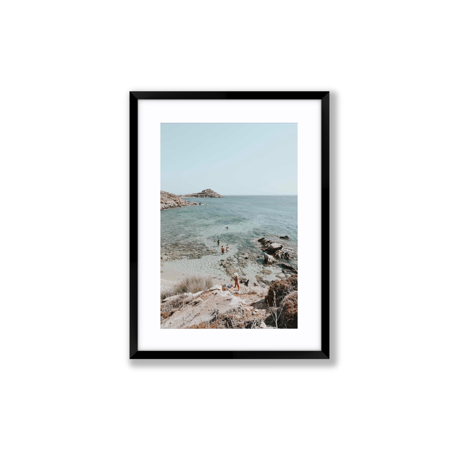 Explorers Mykonos Greek island wall art Medium fine art print in black frame with matboard
