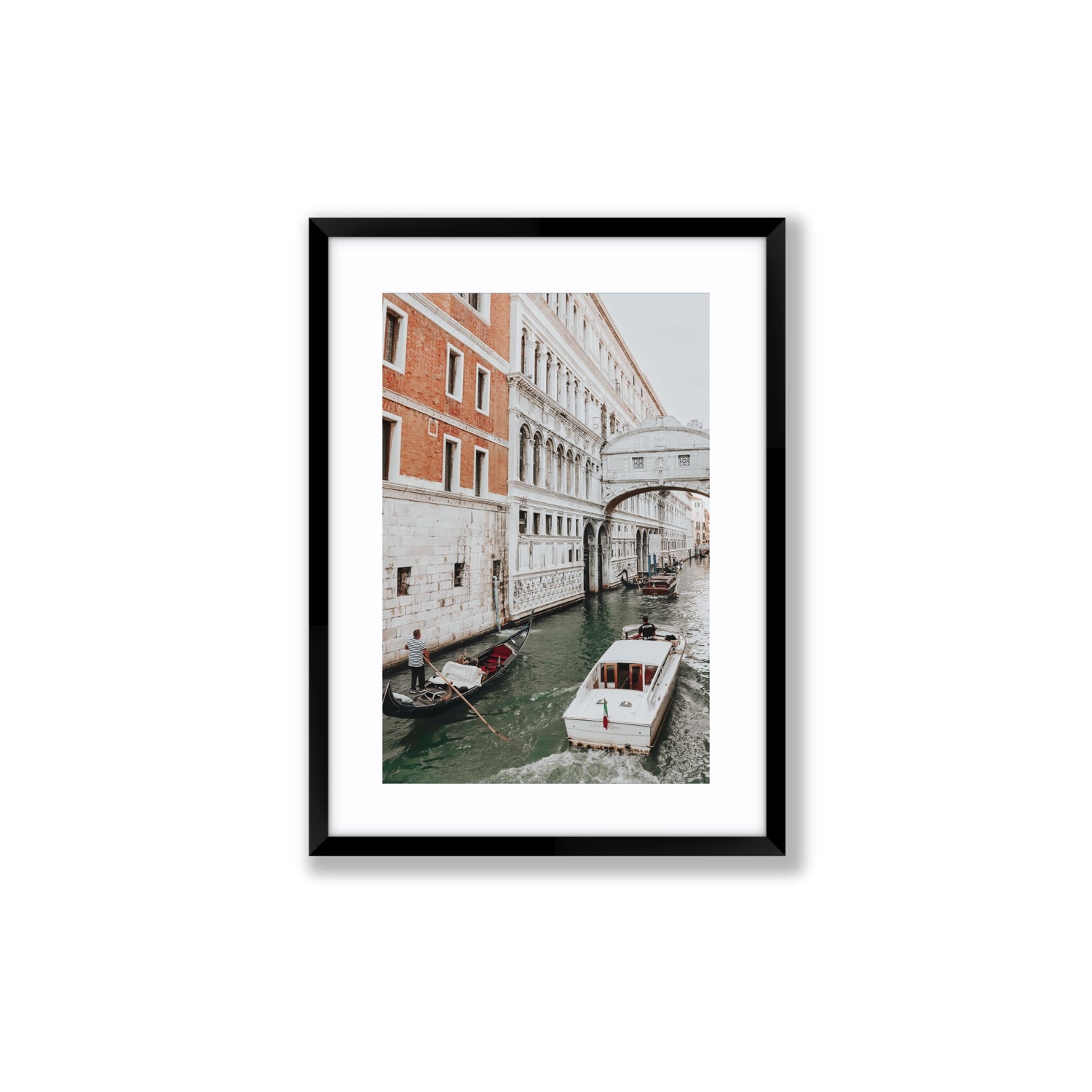 Under the Bridge Venice Gondola Italian wall art Medium fine art print in black frame with matboard