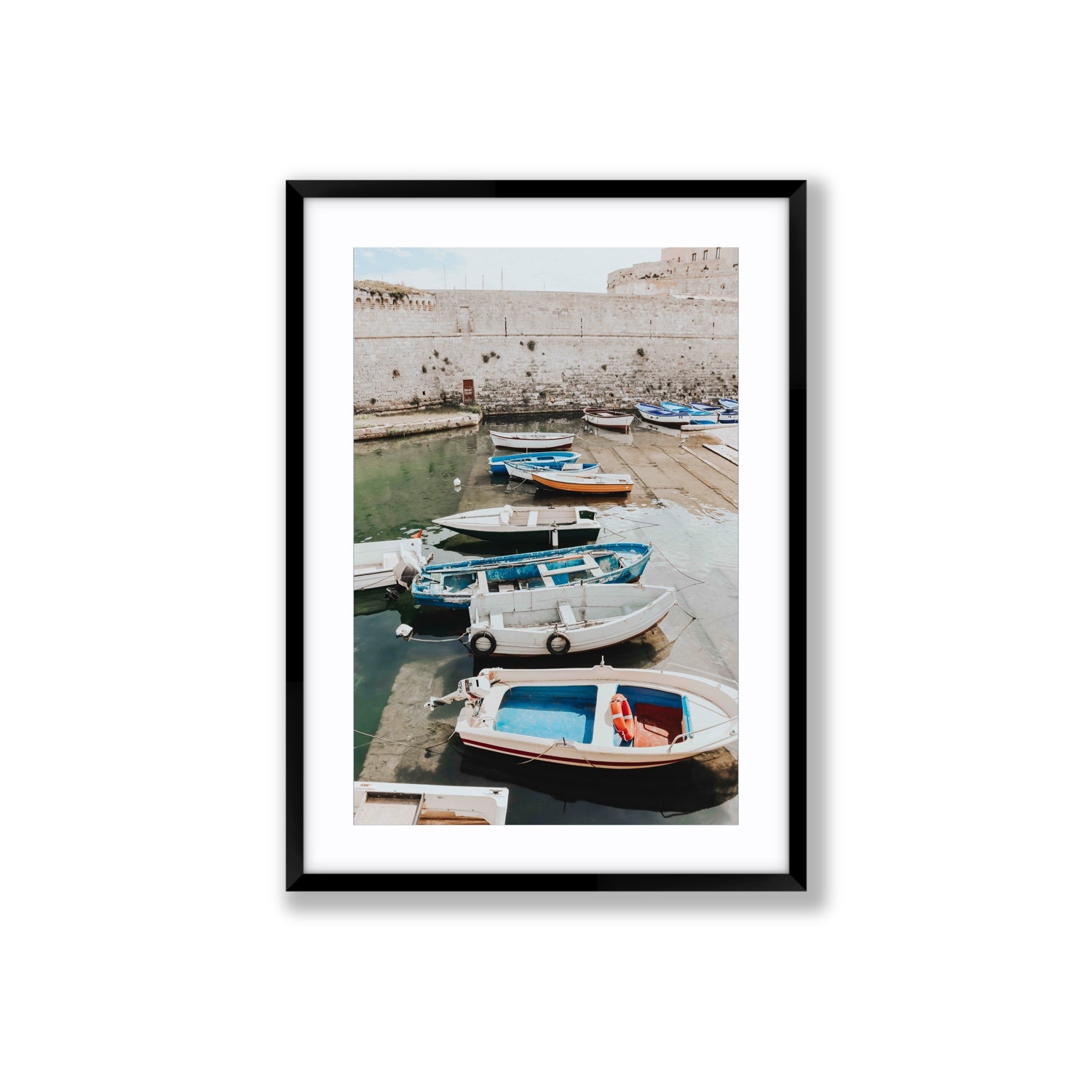 Harbour Palette Puglia coastal photography wall art Large fine art print in black frame with matboard