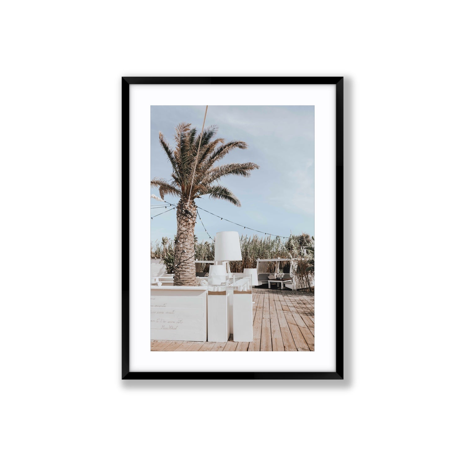 Seabreeze Palm Puglia coastal beach wall art Large fine art print in black frame with matboard