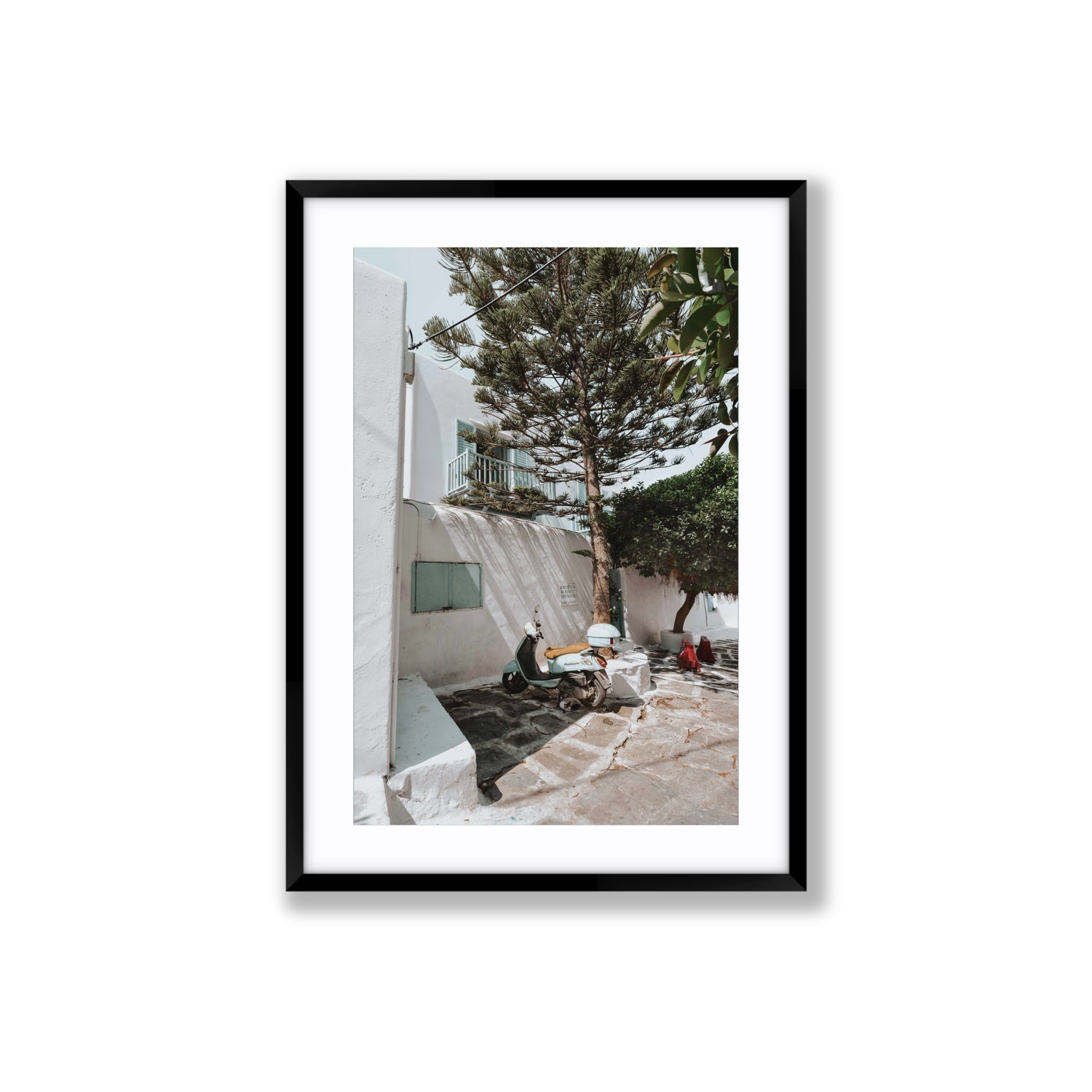 The Getaway Mykonos Mediterranean Greek island art print Large fine art print in black frame with matboard