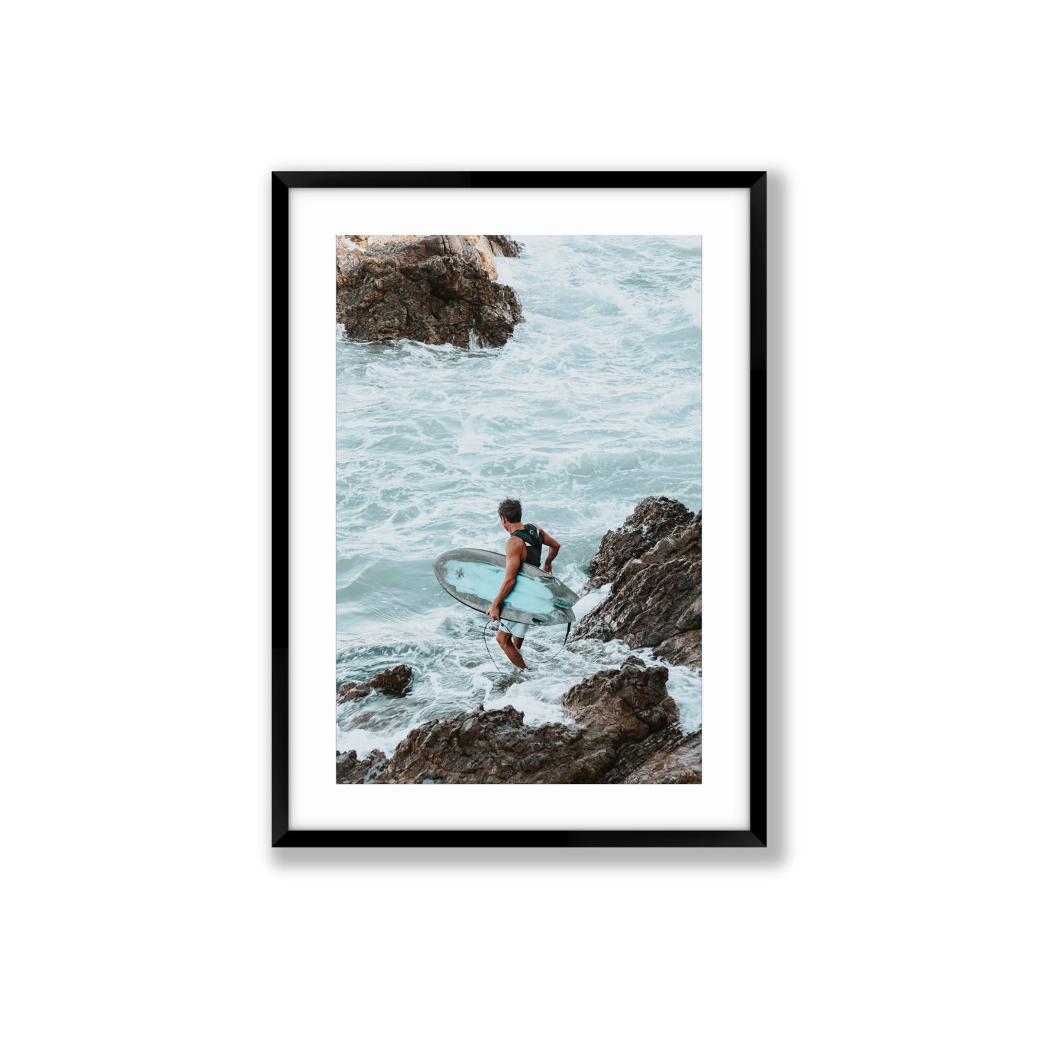 Into The Soup Byron Bay Surf coastal wall art Large fine art print in black frame with matboard