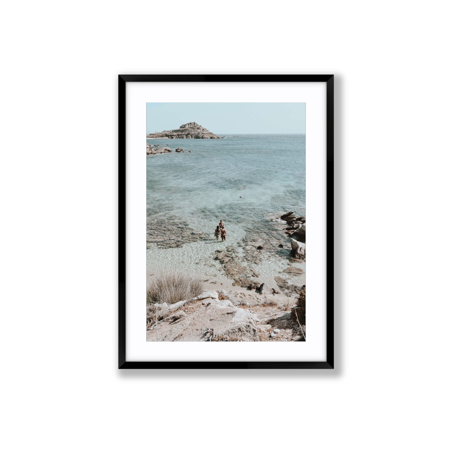 Island Life Mykonos coastal Greek island wall art Large fine art print in black frame with matboard