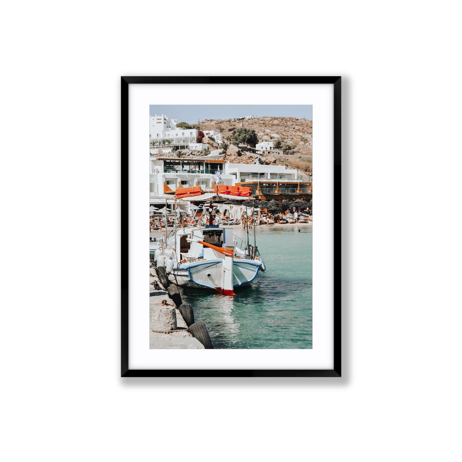 Travel In Style Mykonos Greek island wall art Large fine art print in black frame with matboard