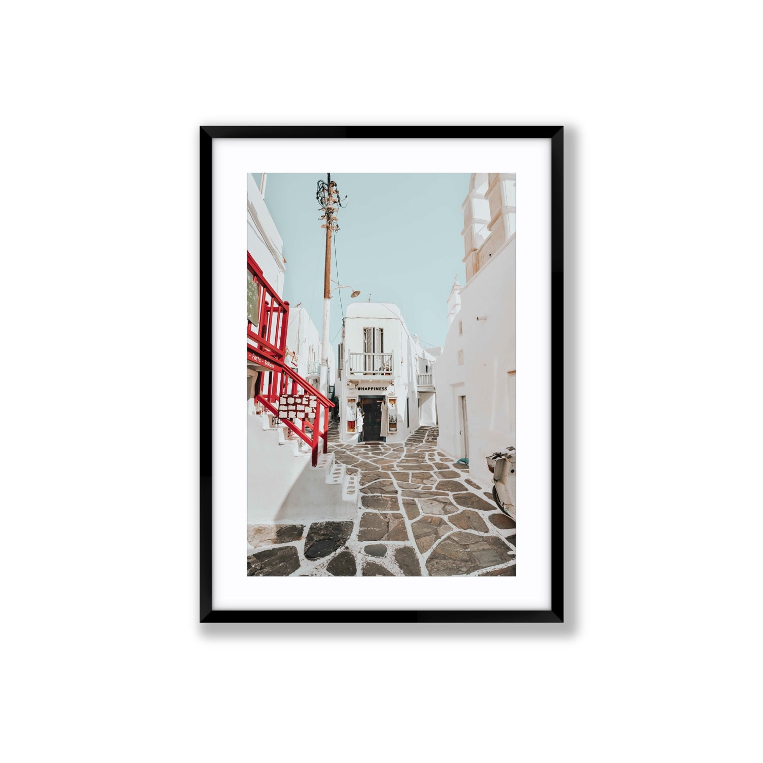 Happiness Mykonos Greek island wall art Large fine art print in black frame with matboard