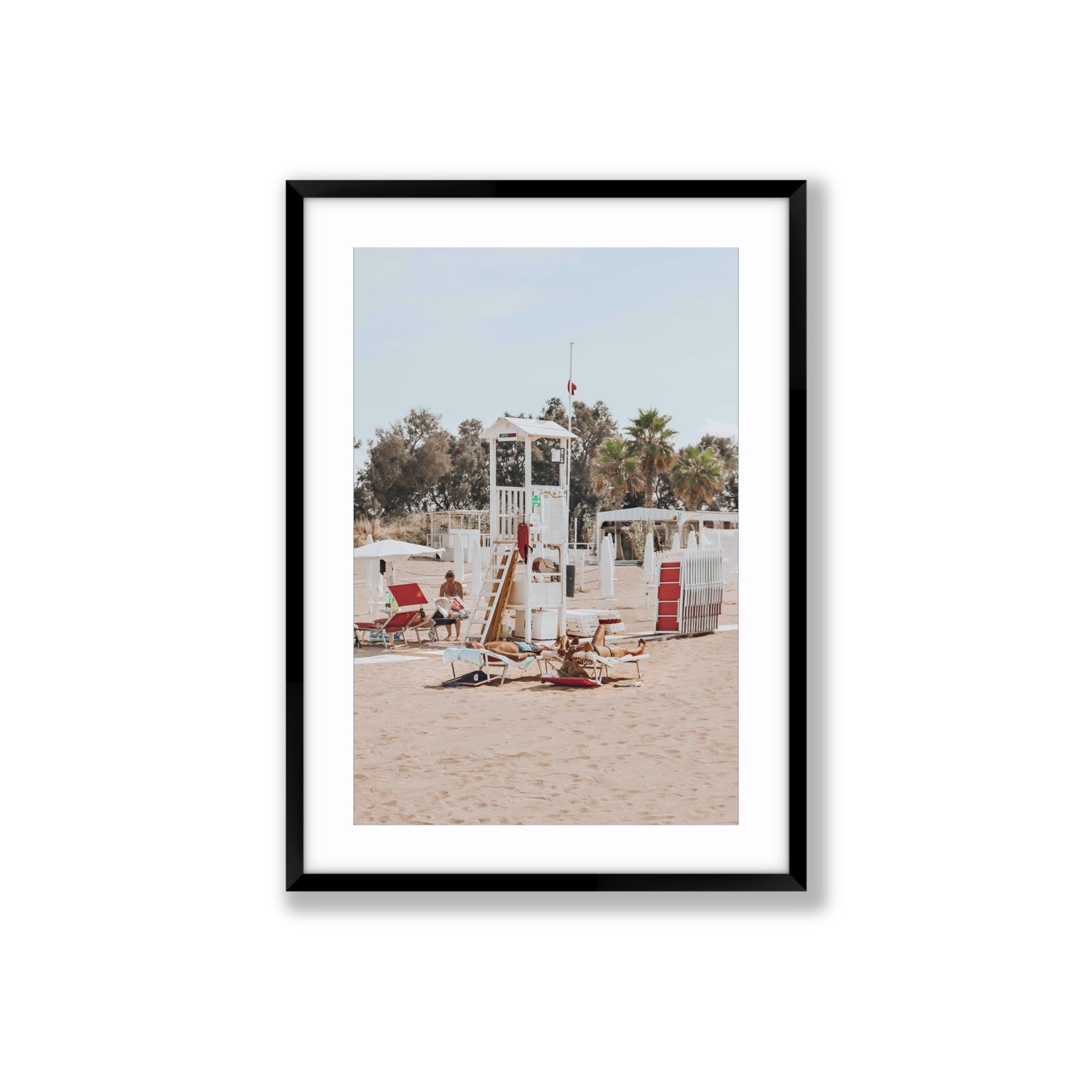 Red Lounge Reverie Puglia beach coastal wall art Large fine art print in black frame with matboard