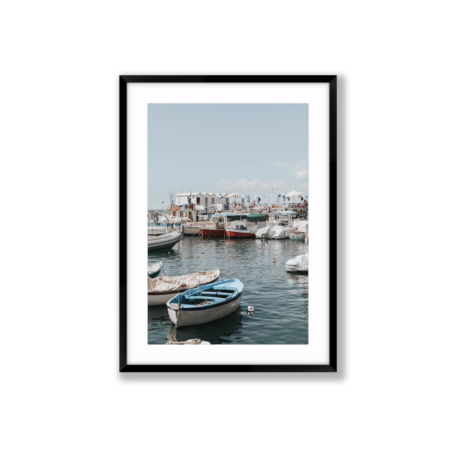 Harbour Hues Sorrento coastal Carousel wall art Large fine art print in black frame with matboard