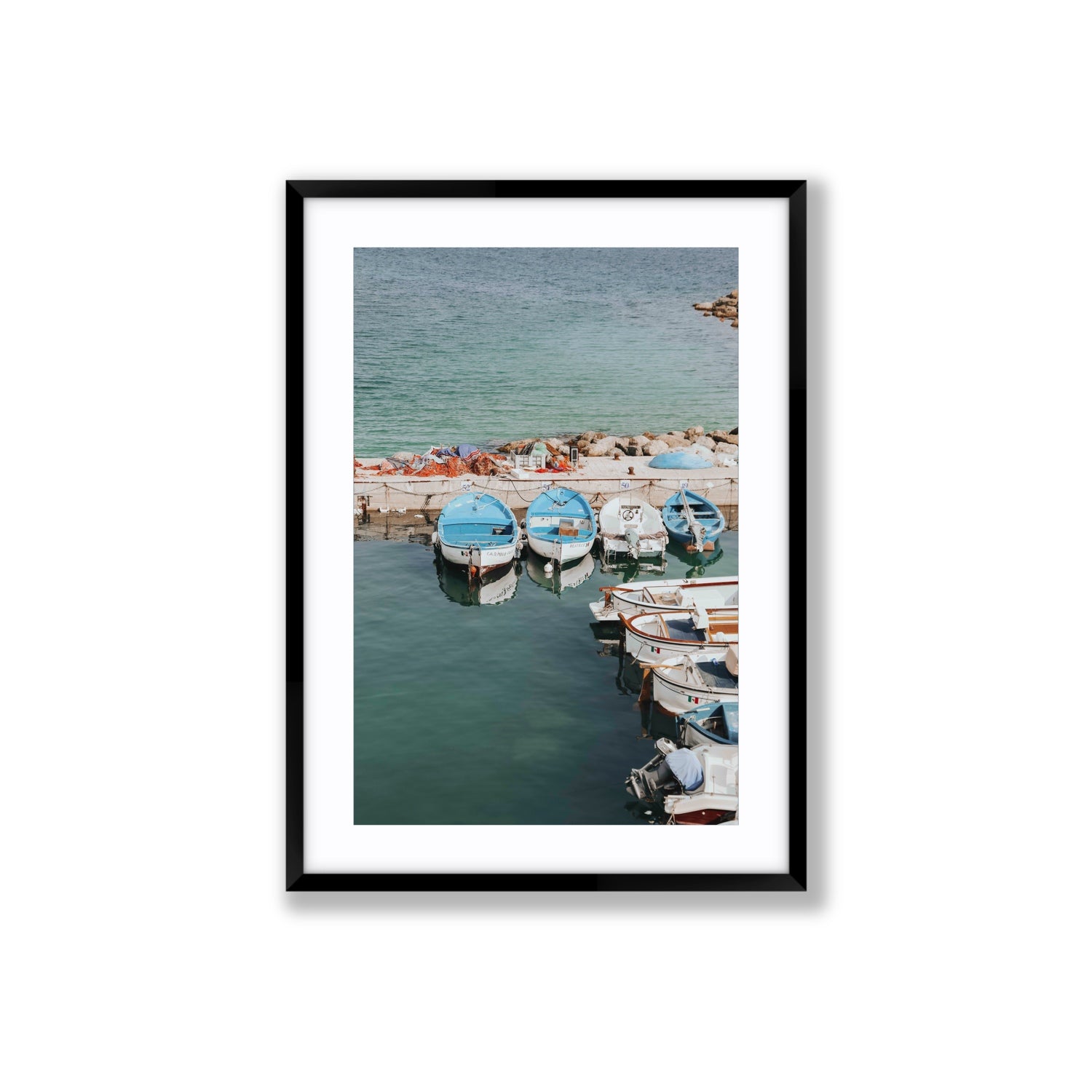 Maritime Memories Puglia Harbour Reflections coastal wall art Large fine art print in black frame with matboard