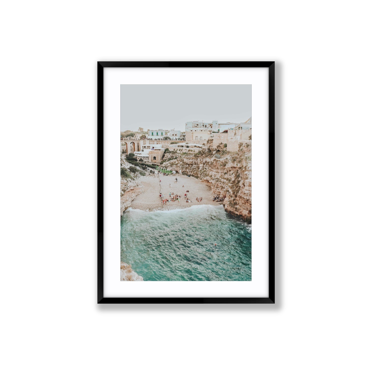 Polignano Vista Puglia coastal Italian beach fine art print Large fine art print in black frame with matboard