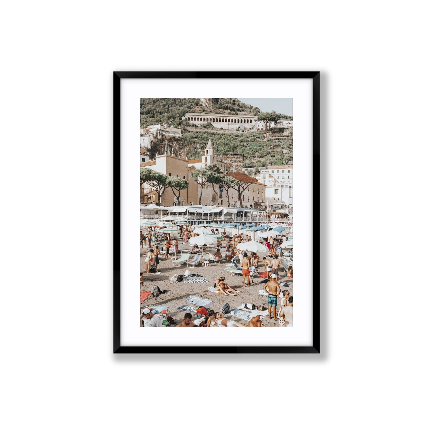 Festa In Spiaggia Amalfi coastal wall art Large fine art print in black frame with matboard