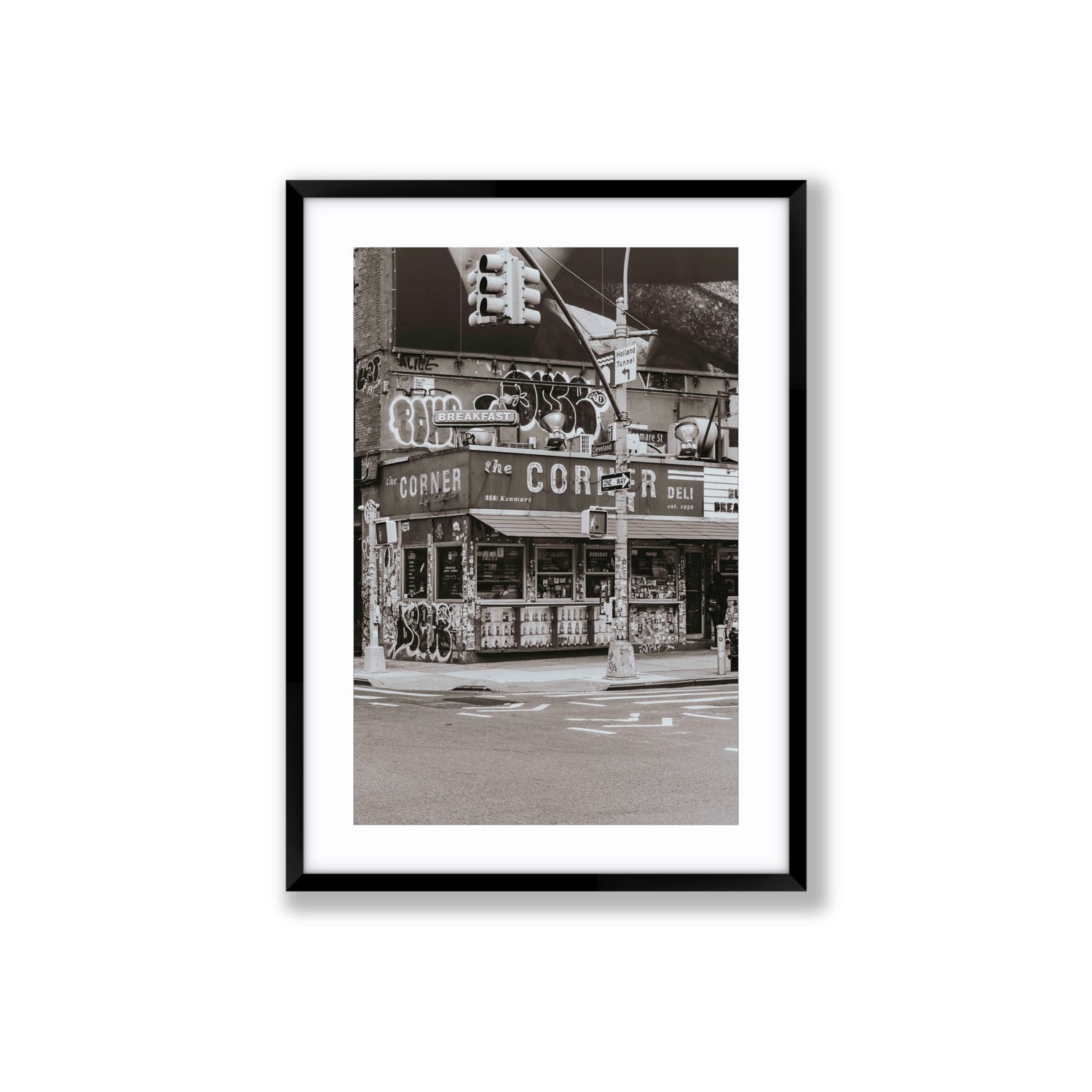 Soho Deli New York NYC Black & White wall art Large fine art print in black frame with matboard