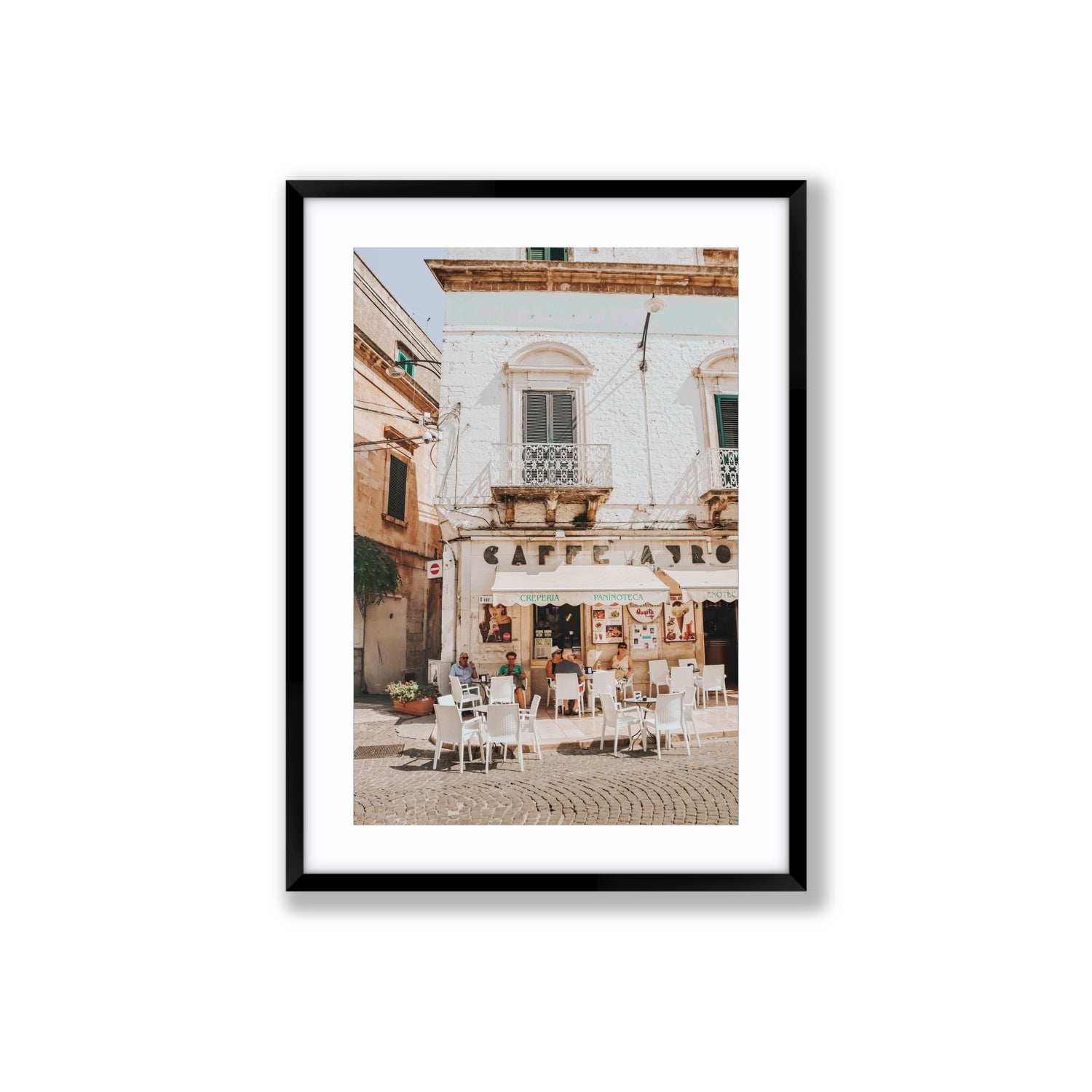 Cafe Ostuni Puglia Café Ostuni Italian wall art Large fine art print in black frame with matboard