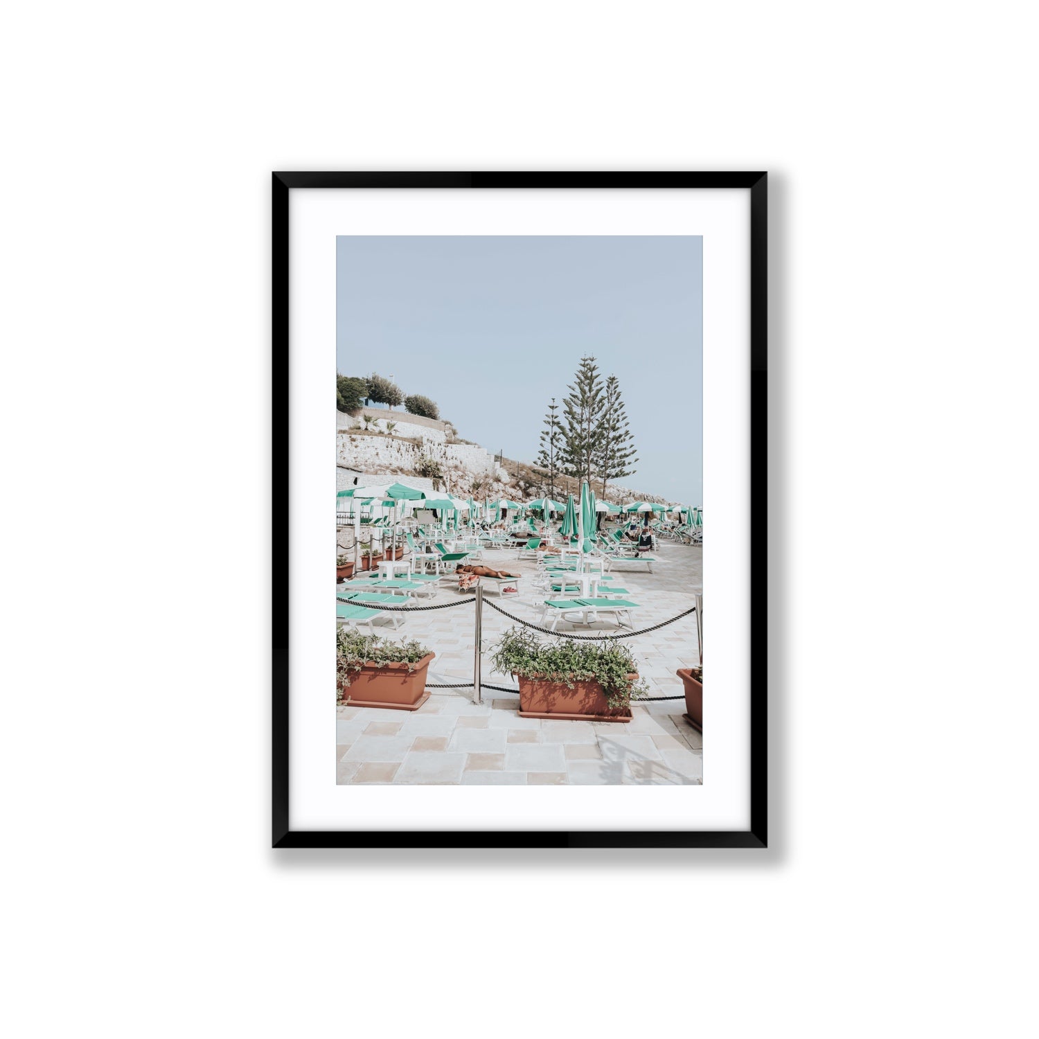Siesta on The Terrace Puglia coastal wall art Large fine art print in black frame with matboard