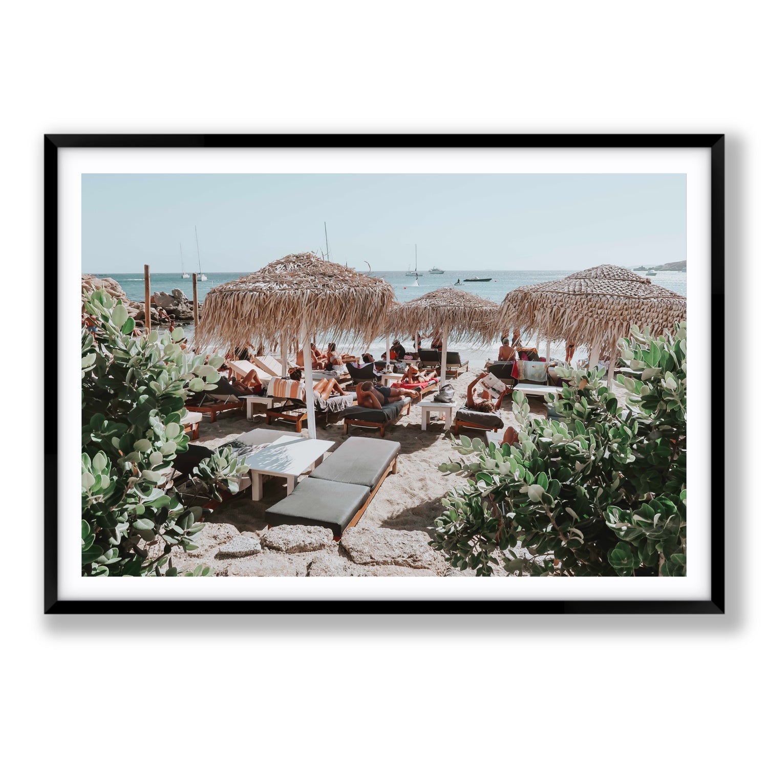 Greek Haven Mykonos Greek island coastal wall art Statement fine art print in black frame with matboard