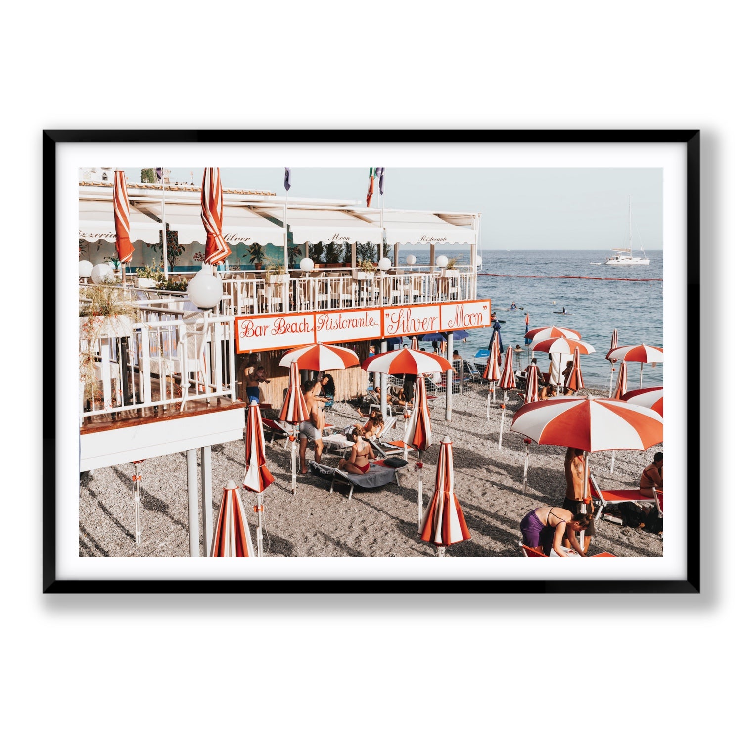 Silver Moon Amalfi Mediterranean wall art Statement fine art print in black frame with matboard