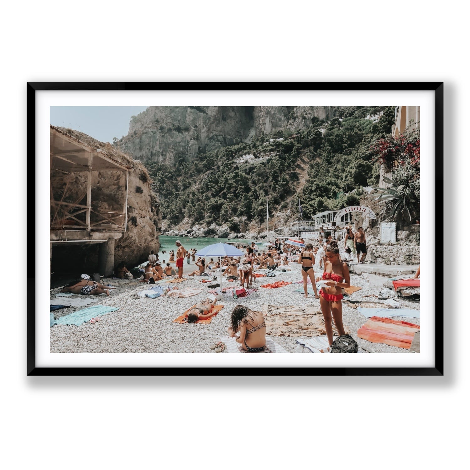 Spiaggia Da Gioia Capri beach coastal wall art Statement fine art print in black frame with matboard