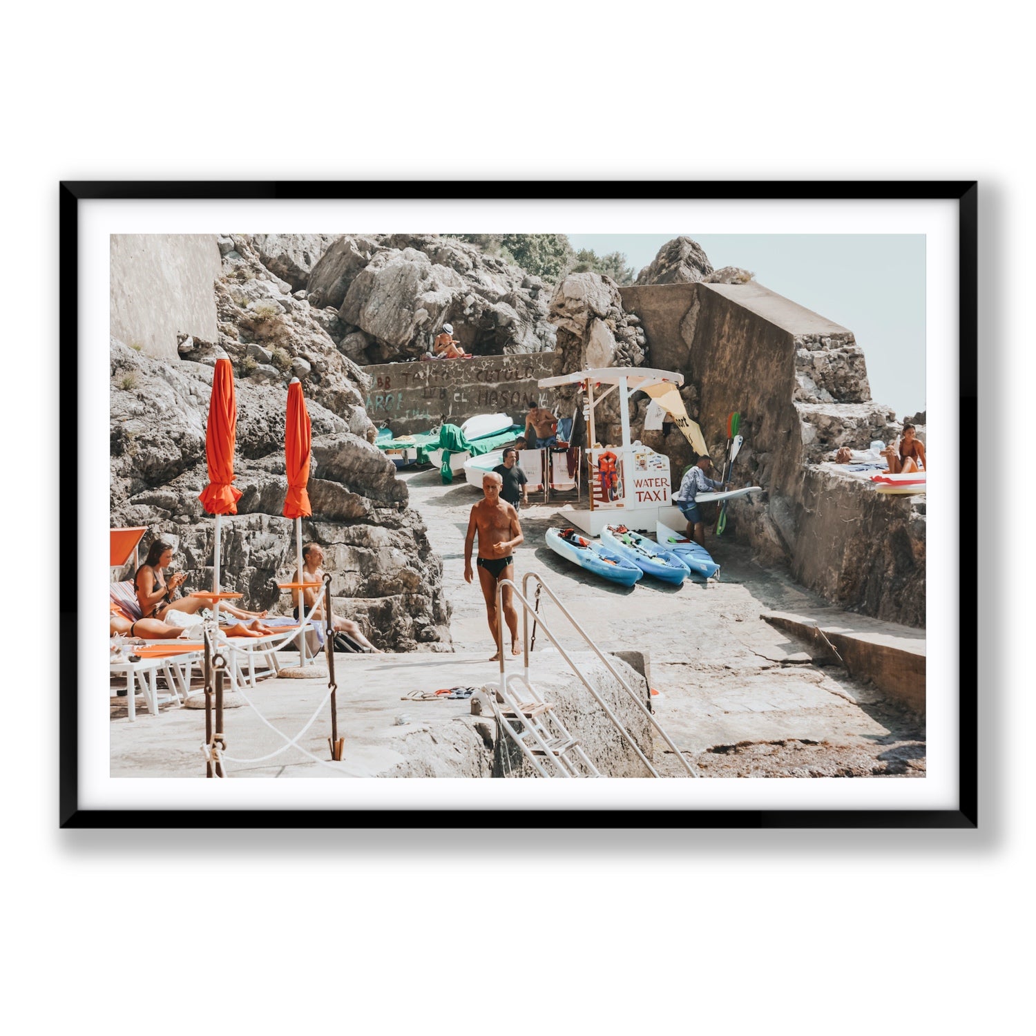 The Local Praiano Amalfi Coast Mediterranean wall art Statement fine art print in black frame with matboard