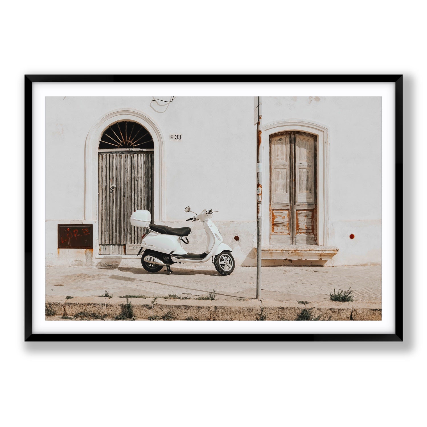 Vespa Nostalgia Puglia Italian wall art Statement fine art print in black frame with matboard