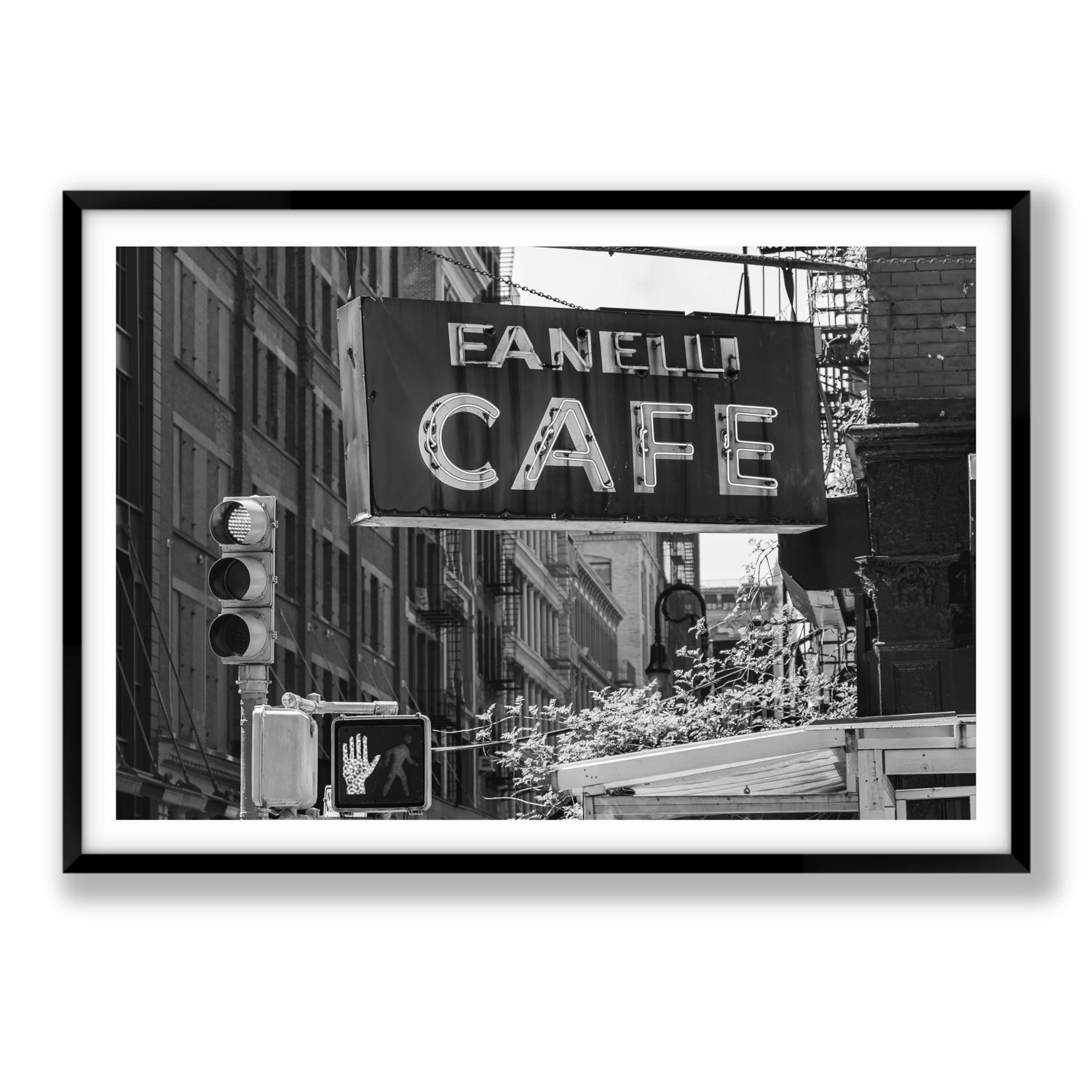 Soho Neon New York NYC Black & White wall art Statement fine art print in black frame with matboard