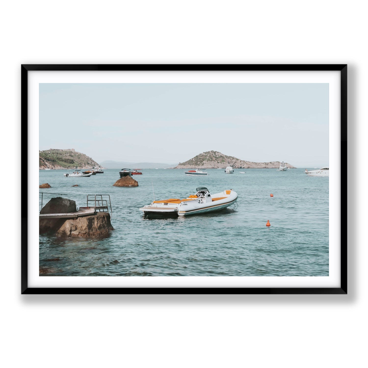 The Azure Sea Tuscany coastal Italian wall art Statement fine art print in black frame with matboard