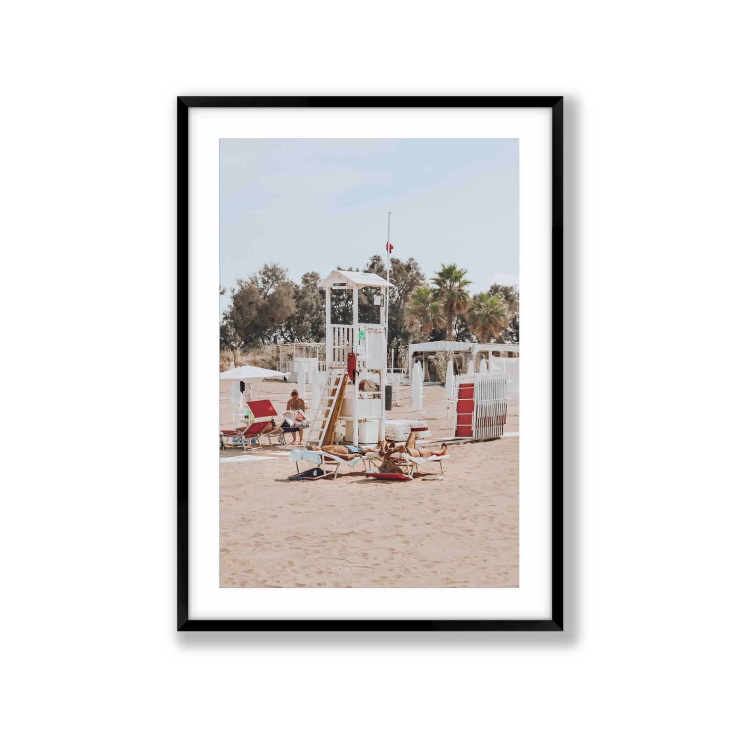 Red Lounge Reverie Puglia beach coastal wall art Extra Large fine art print in black frame with matboard