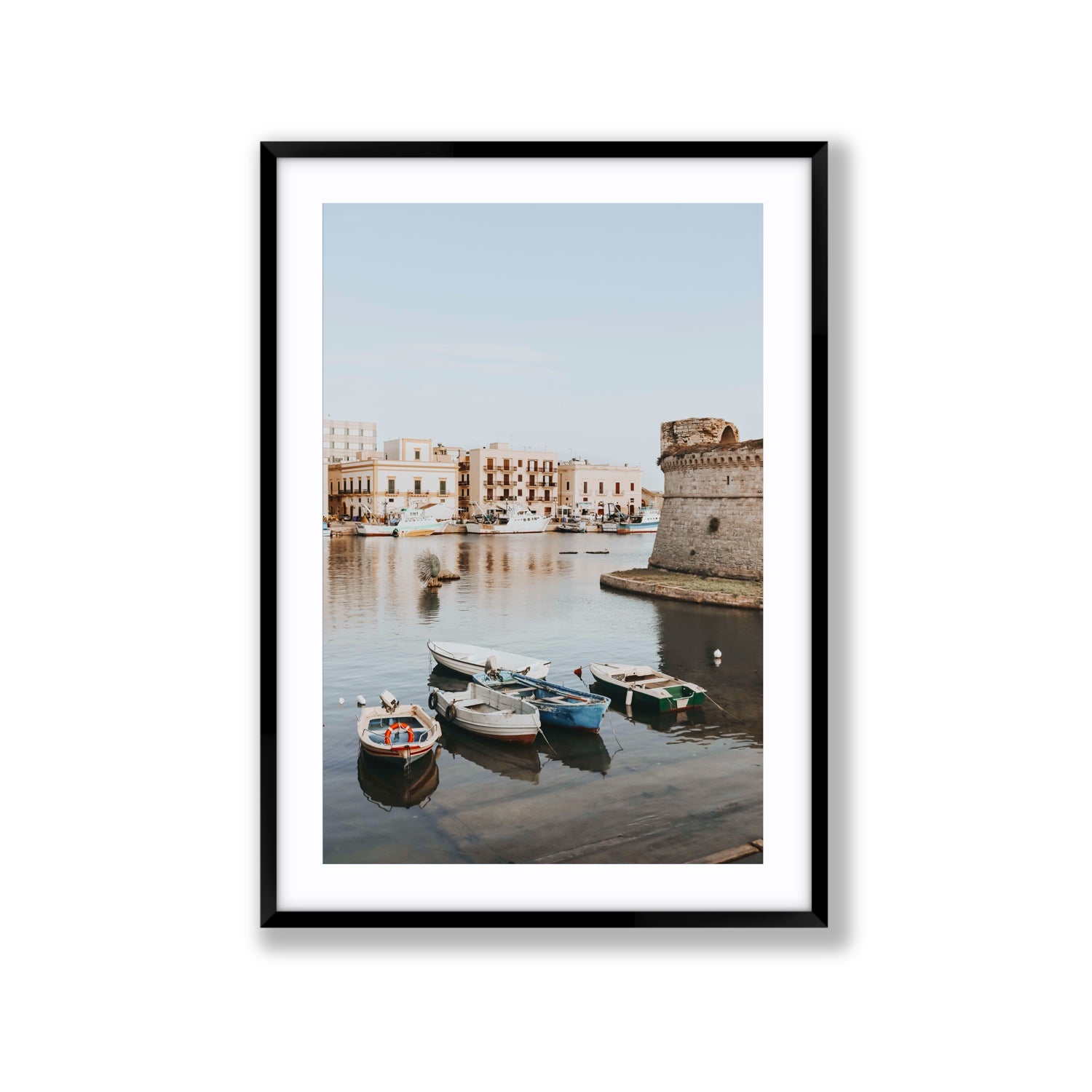 Gallipoli Harbour Puglia coastal wall art Extra Large fine art print in black frame with matboard