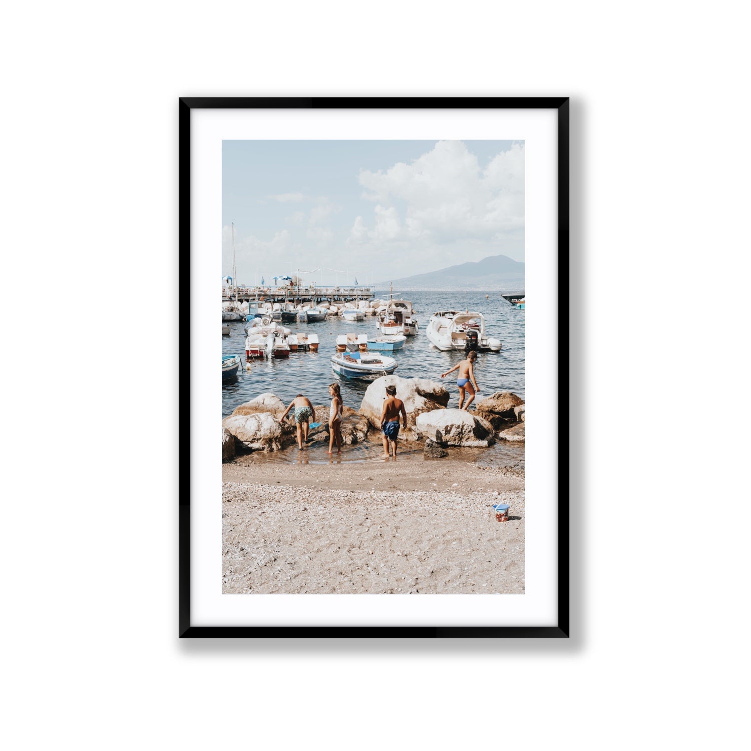 Searching For Treasures Sorrento coastal wall art Extra Large fine art print in black frame with matboard