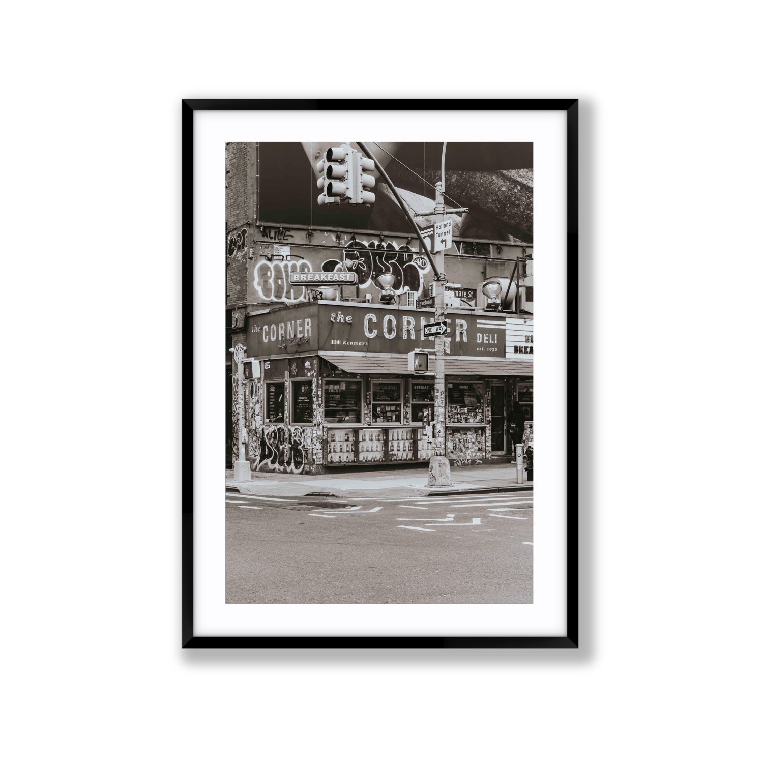 Soho Deli New York NYC Black & White wall art Extra Large fine art print in black frame with matboard