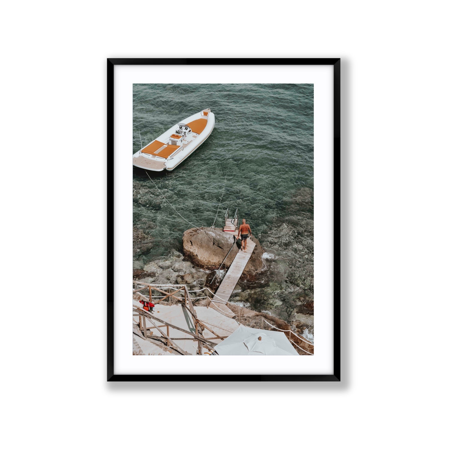 Secret Cove Tuscany coastal Italian wall art Extra Large fine art print in black frame with matboard