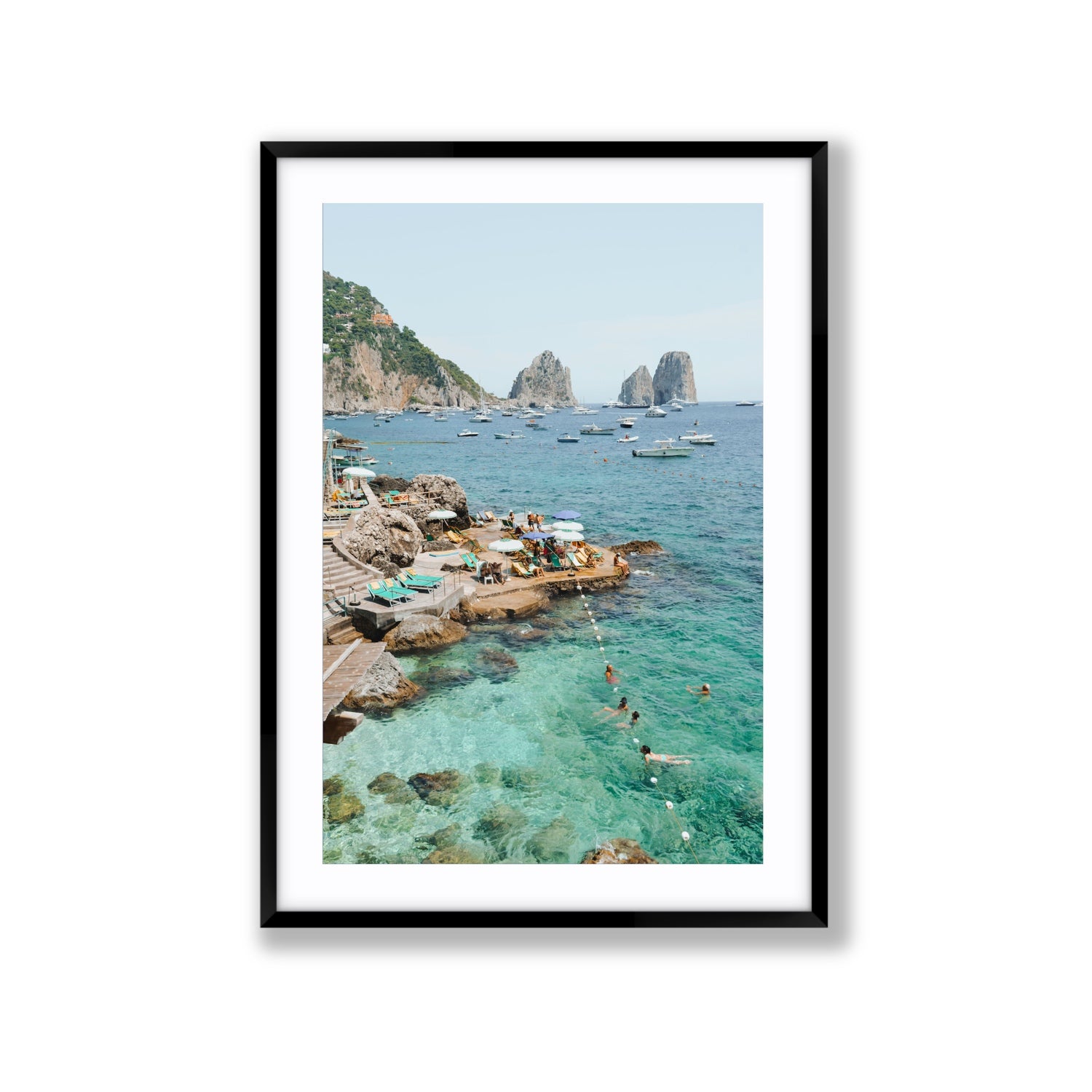 Summertime Blues Capri Mediterranean wall art Extra Large fine art print in black frame with matboard
