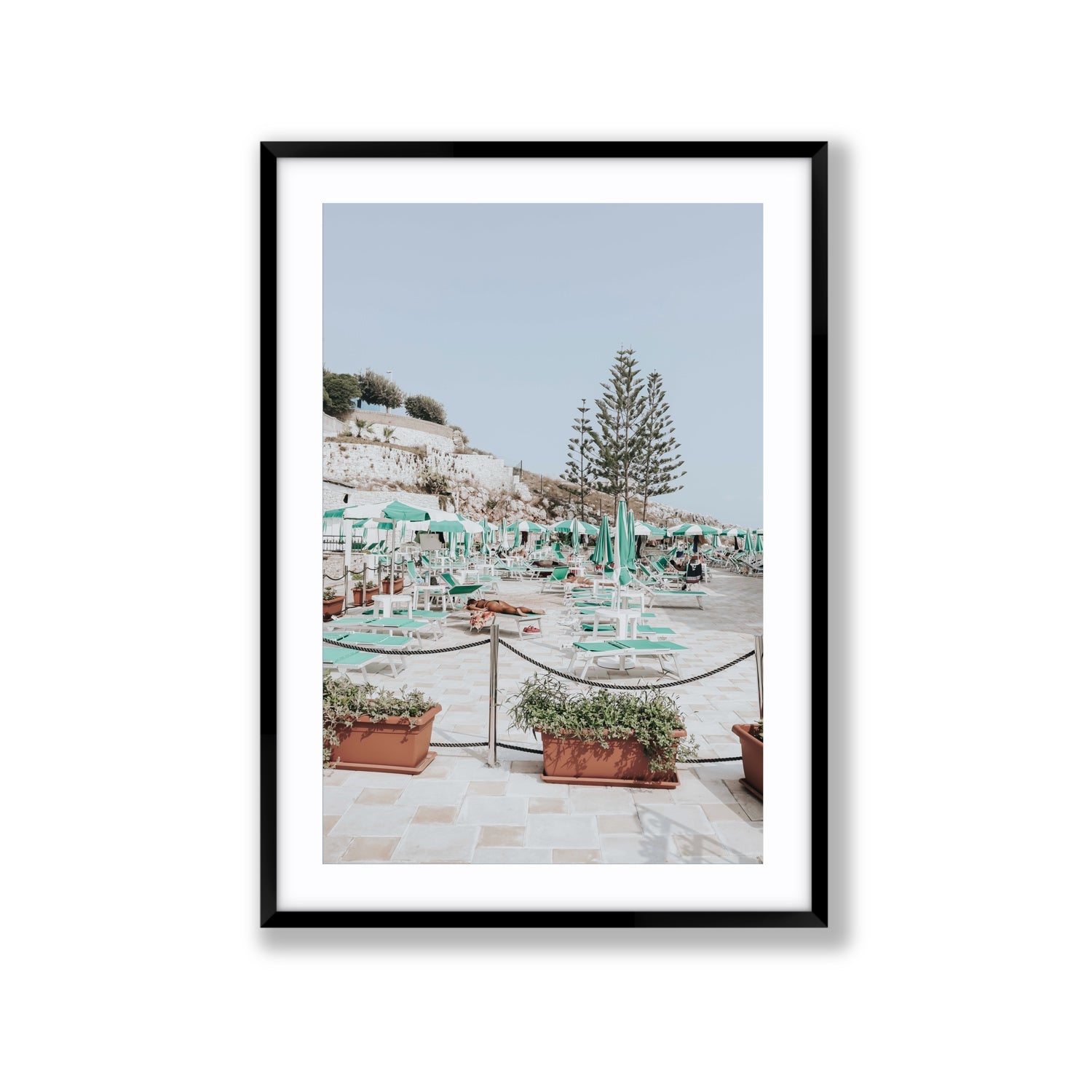 Siesta on The Terrace Puglia coastal wall art Extra Large fine art print in black frame with matboard