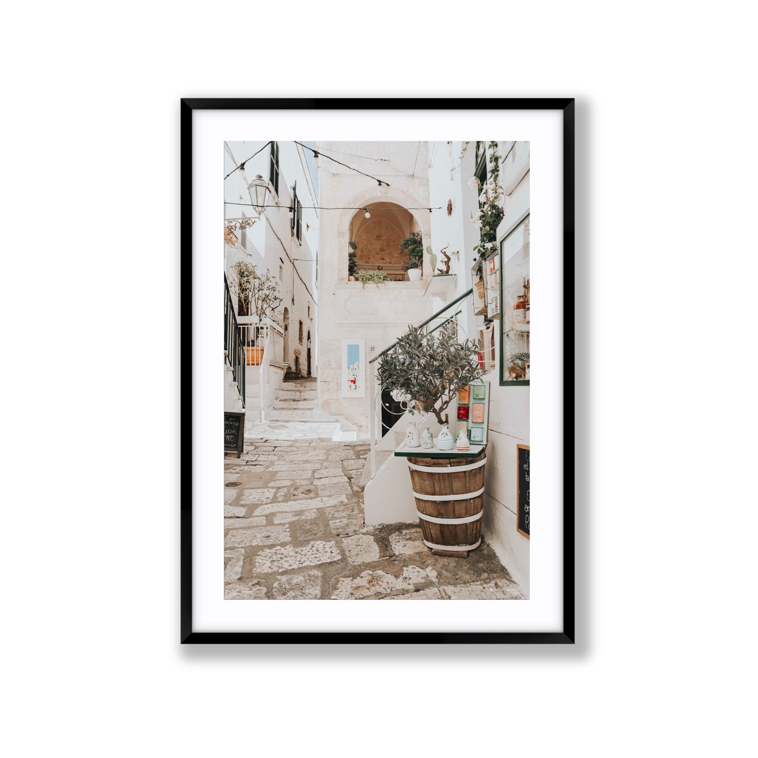 Olive Tree Lane Puglia Ostuni Mediterranean decor wall art Extra Large fine art print in black frame with matboard