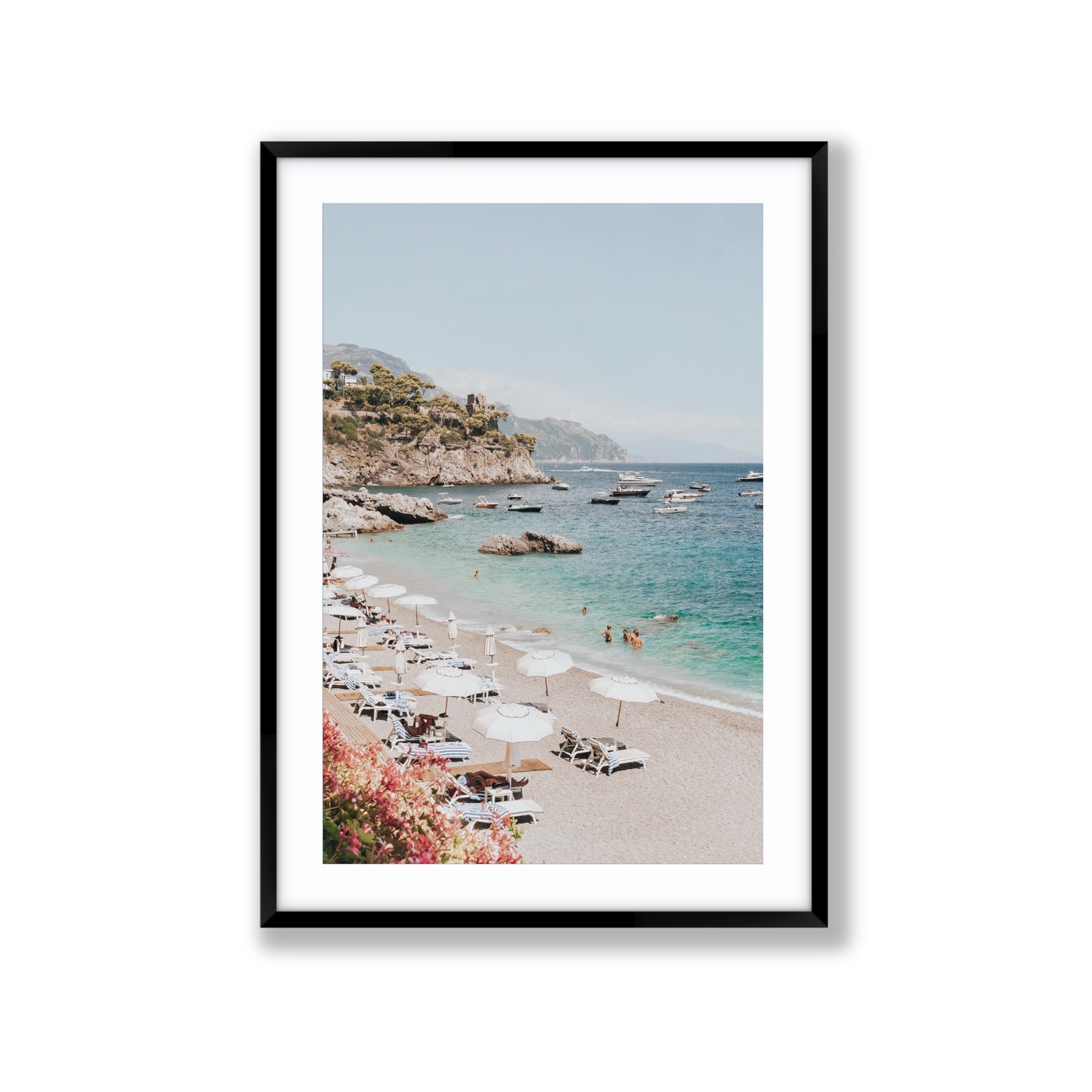 Seaview Refuge Amalfi coastal wall art extra large fine art print in black frame with matboard