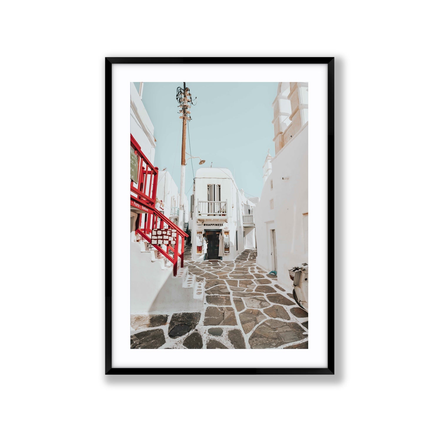 Happiness Mykonos Greek island wall art Extra Large fine art print in black frame with matboard