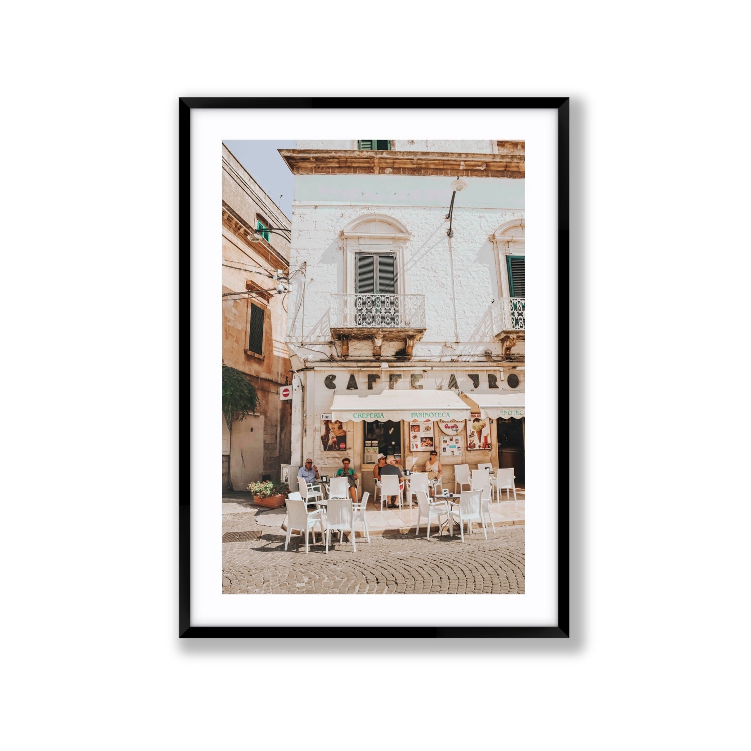 Cafe Ostuni Puglia Café Ostuni Italian wall art Extra Large fine art print in black frame with matboard