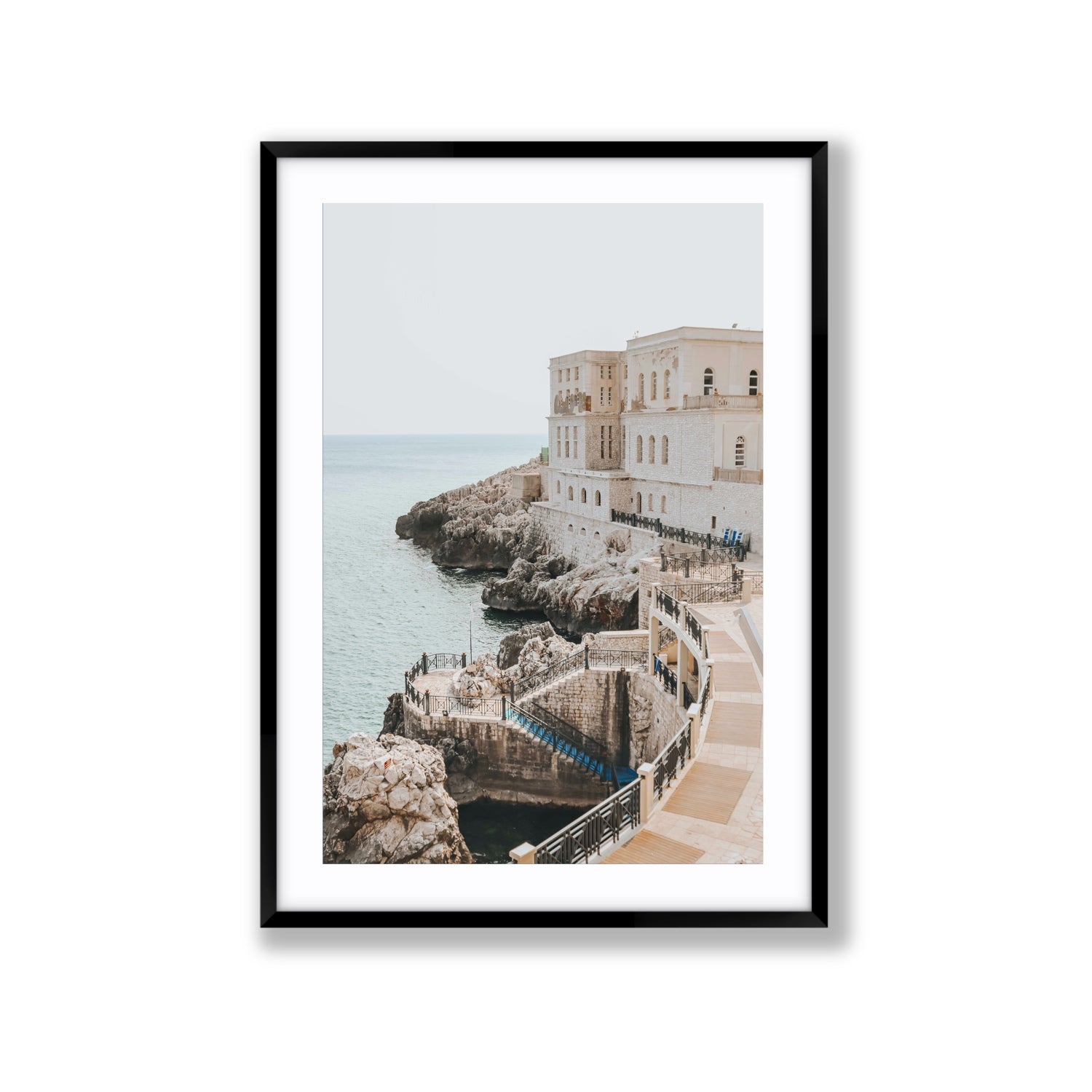 Santa Cesarea Puglia Italian coastal wall art Extra Large fine art print in black frame with matboard