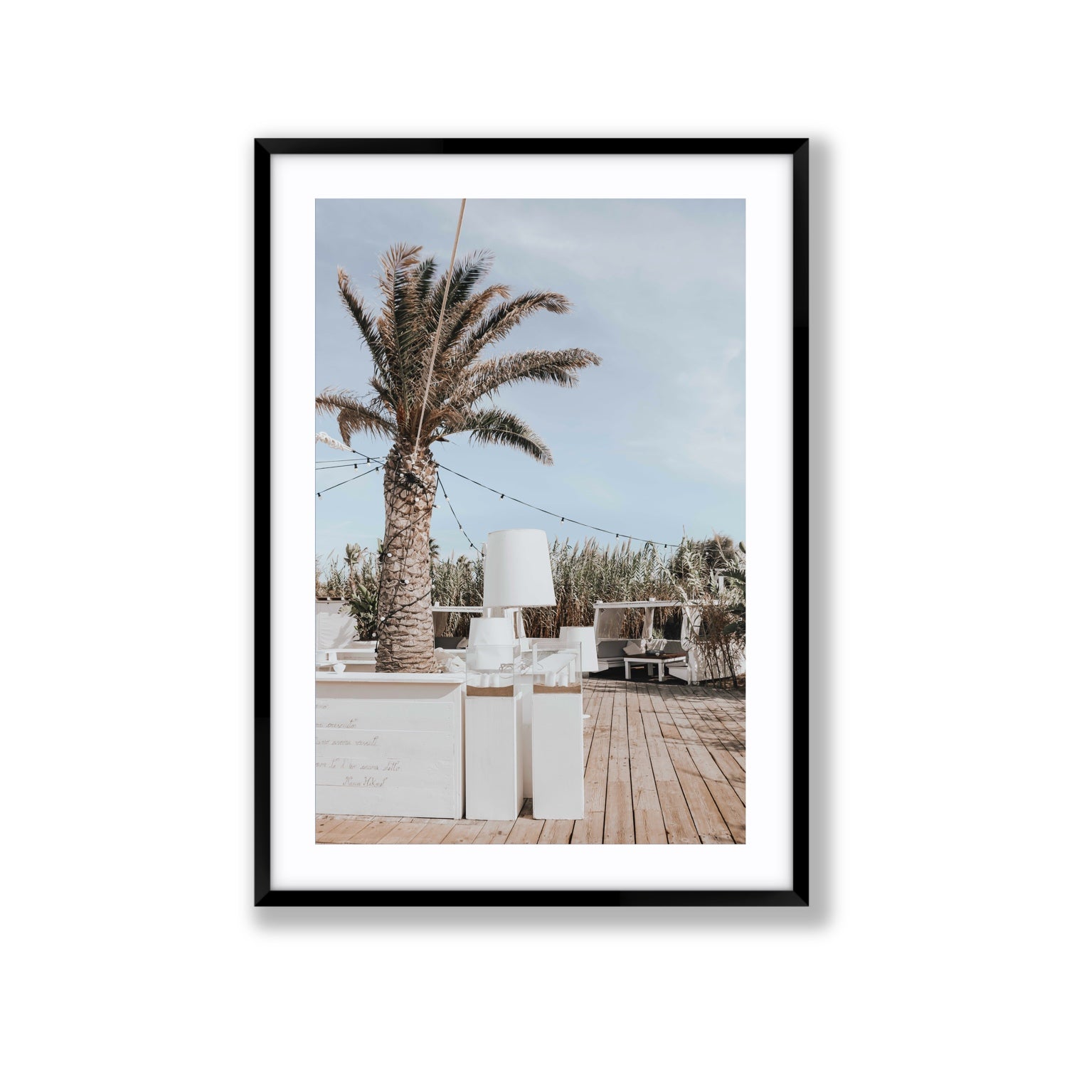 Seabreeze Palm Puglia coastal beach wall art Extra Large fine art print in black frame with matboard