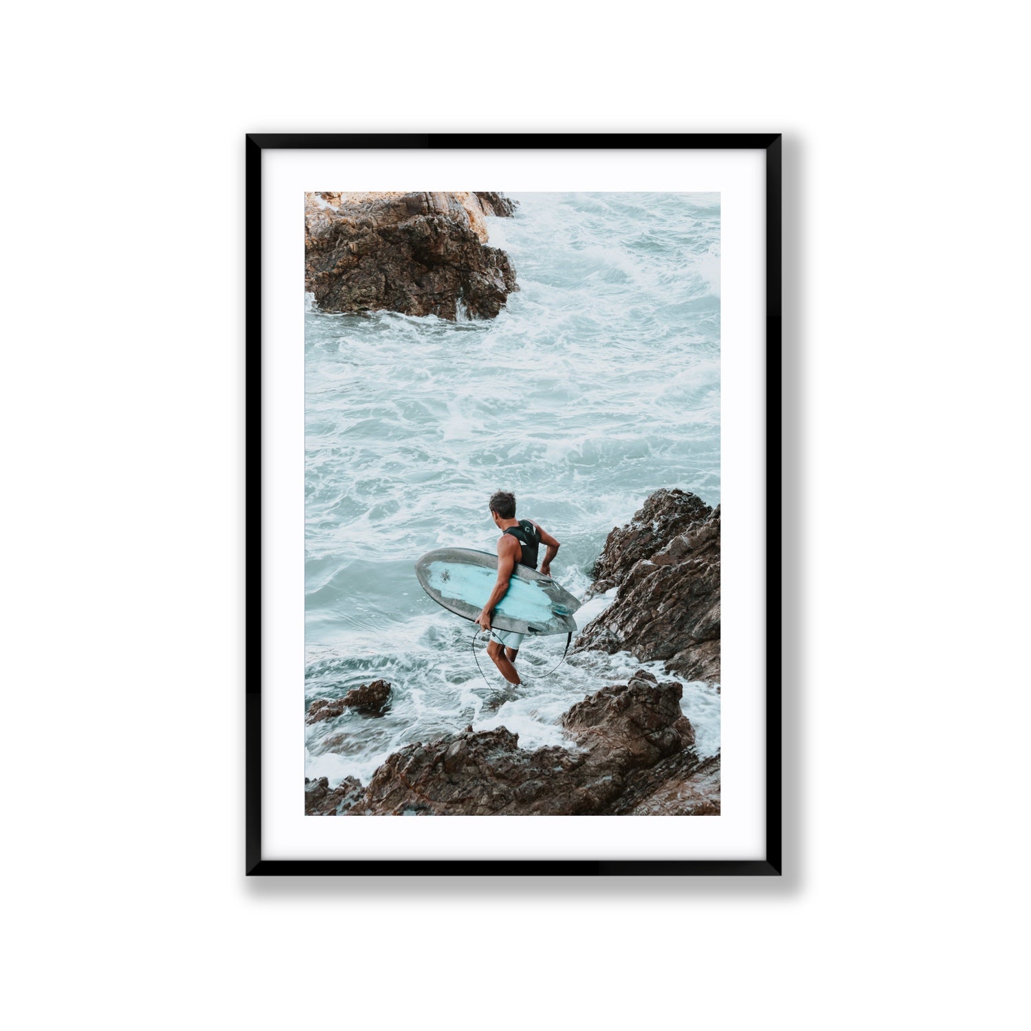 Into The Soup Byron Bay Surf coastal wall art Extra Large fine art print in black frame with matboard