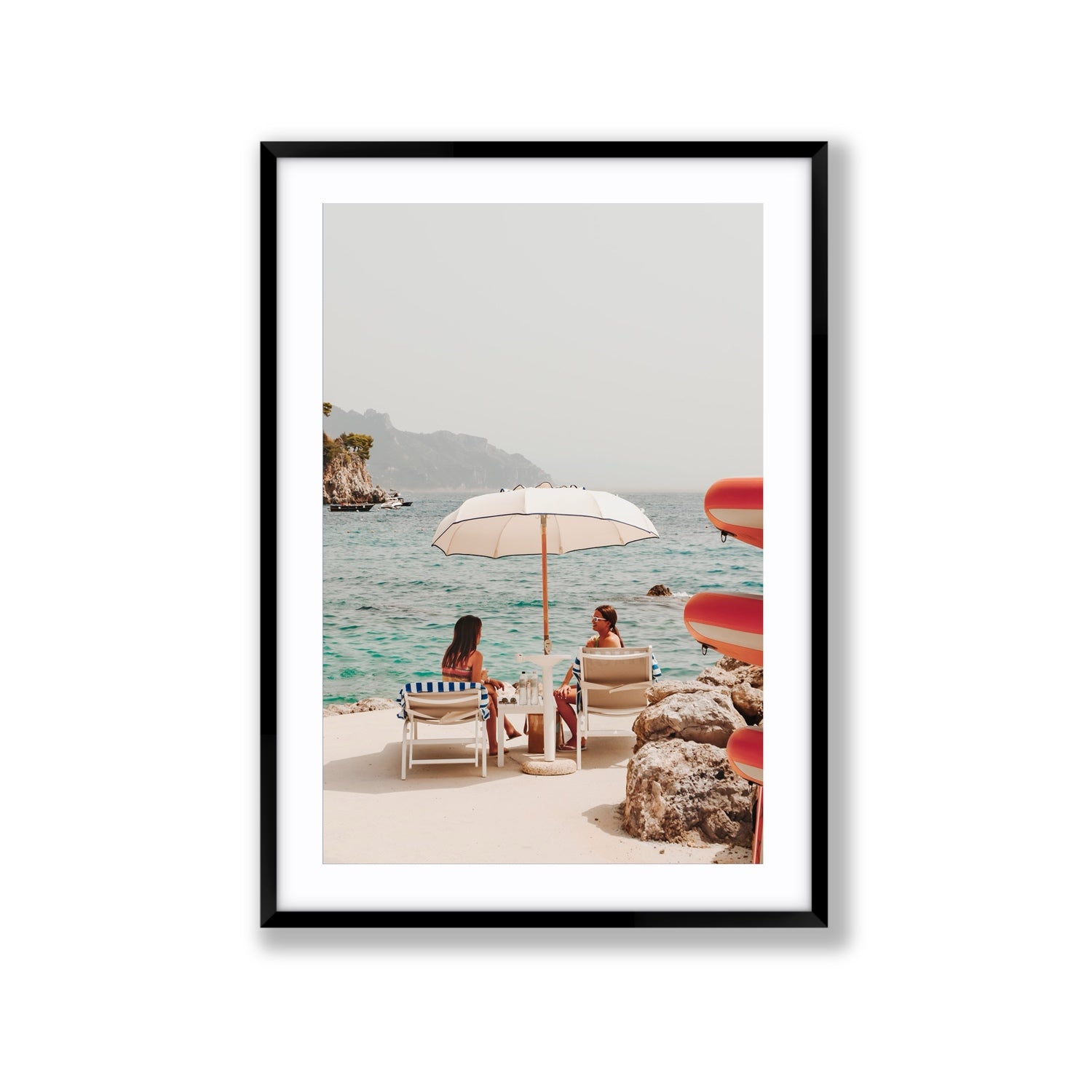 Salty Banter Amalfi Mediterranean wall art Extra Large fine art print in black frame with matboard