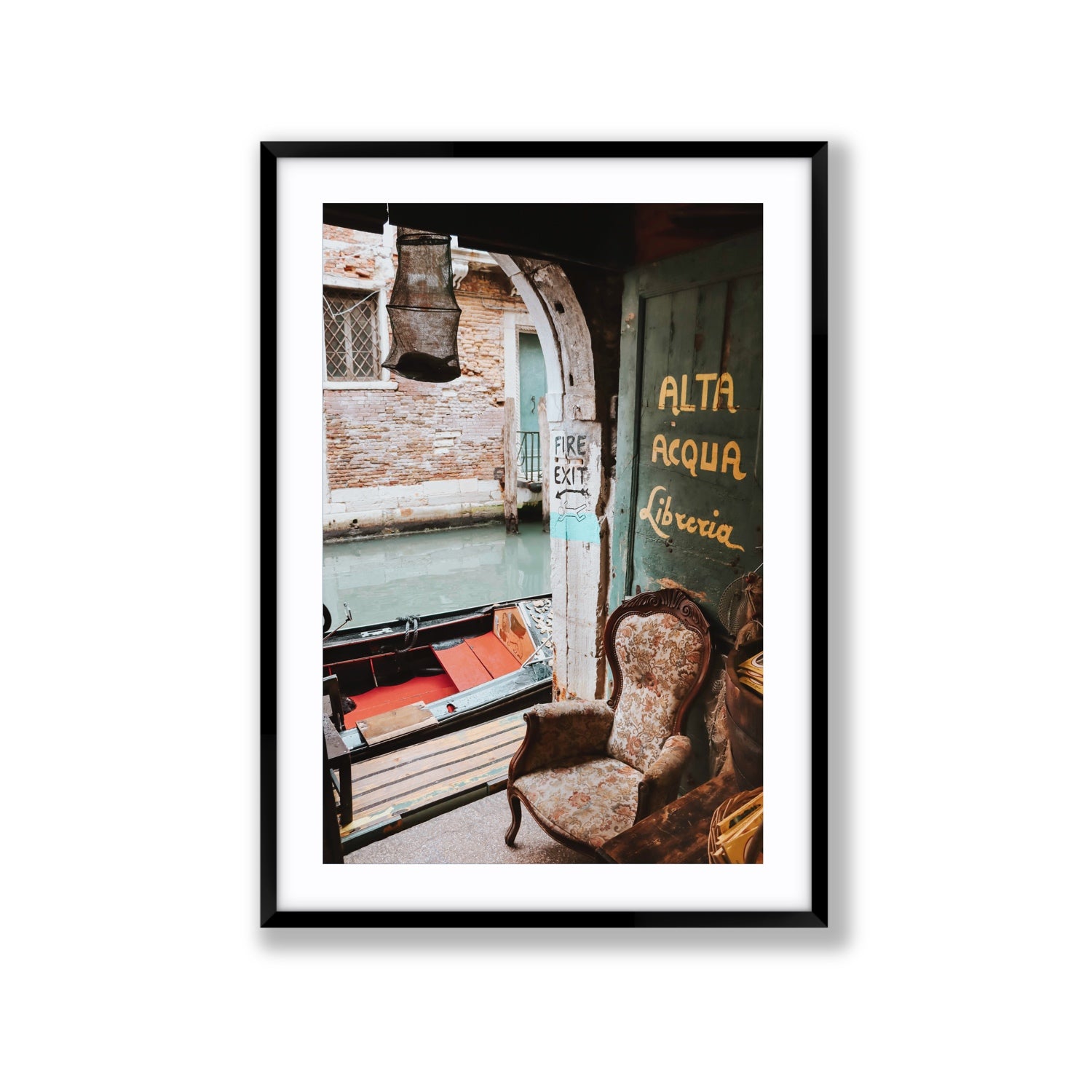 Alta Acqua Venice Bookstore wall art Extra Large fine art print in black frame with matboard