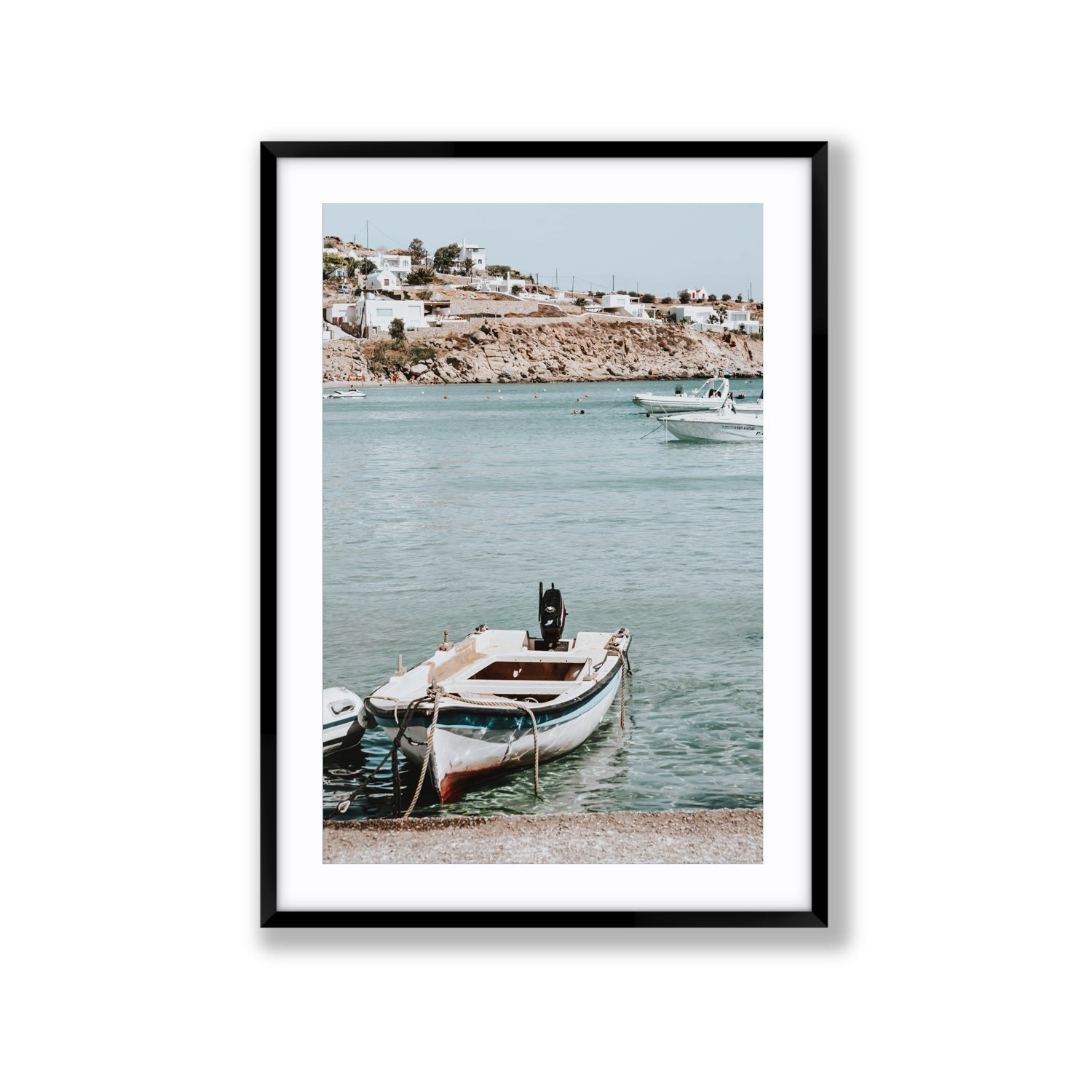 Classic Wheels Mykonos Greek island wall art Extra Large fine art print in black frame with matboard