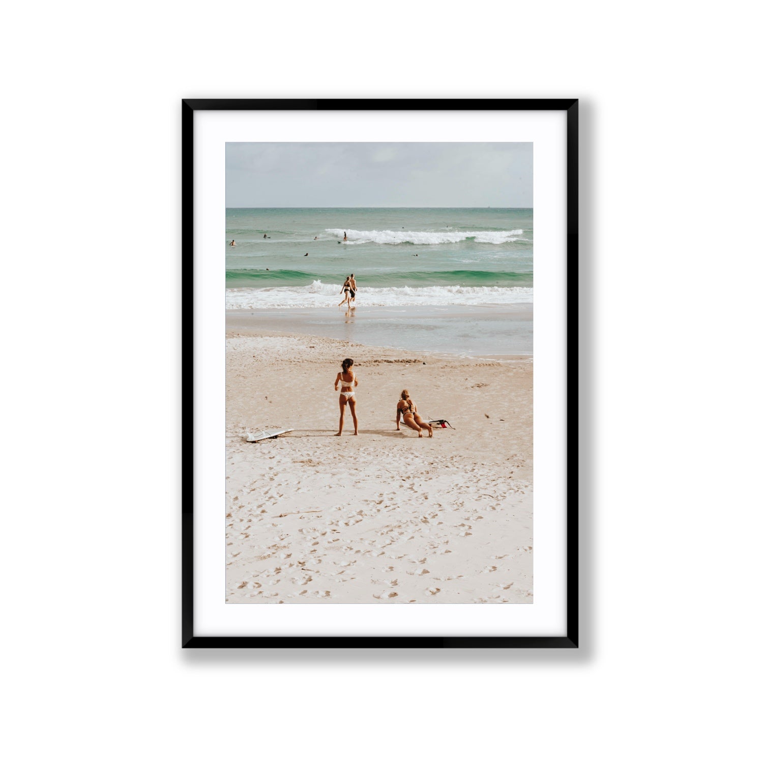 Gidget & Betty Byron Bay beach coastal wall art Extra Large fine art print in black frame with matboard