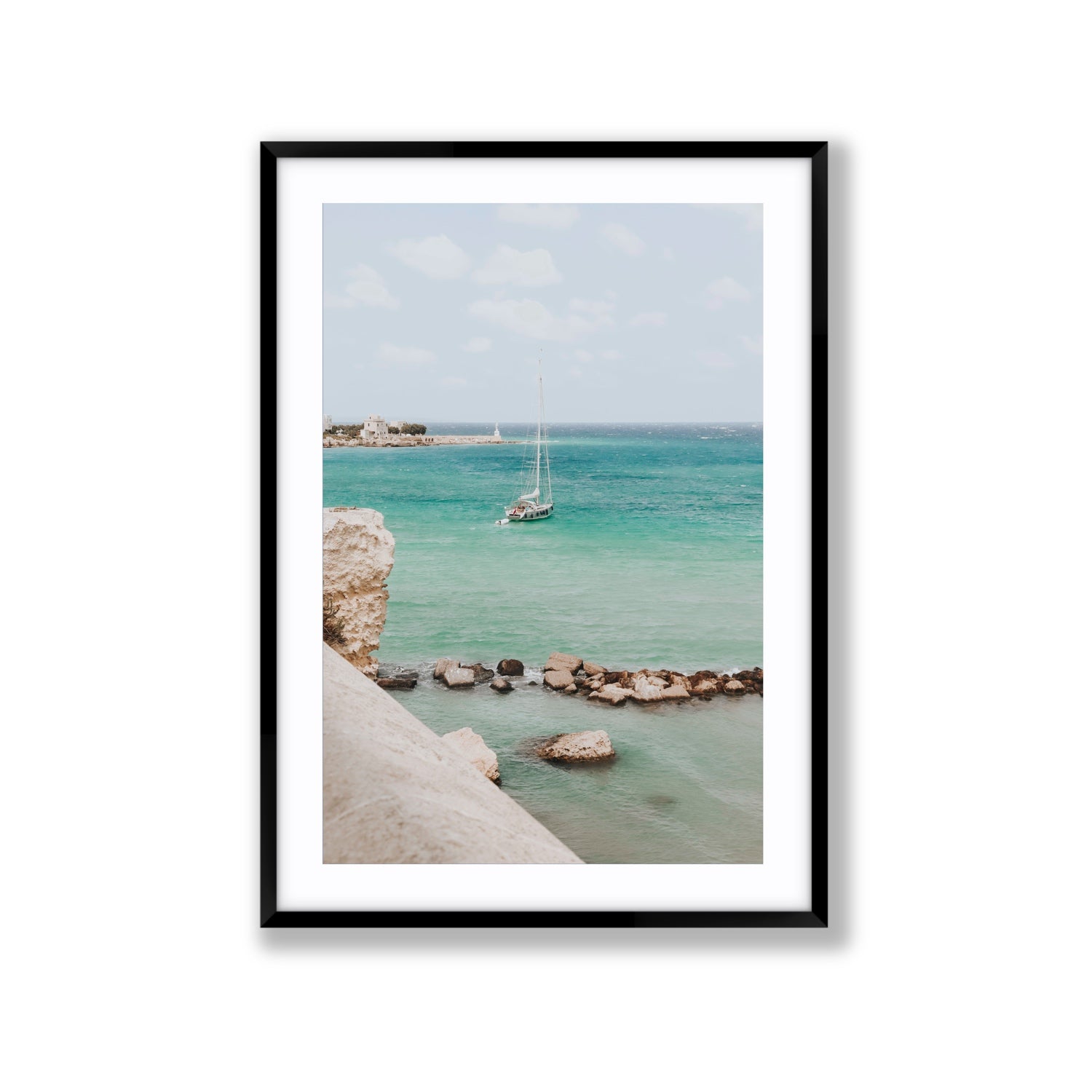 Seafarer's Dream Puglia Seafarer’s Dream coastal wall art Extra Large fine art print in black frame with matboard
