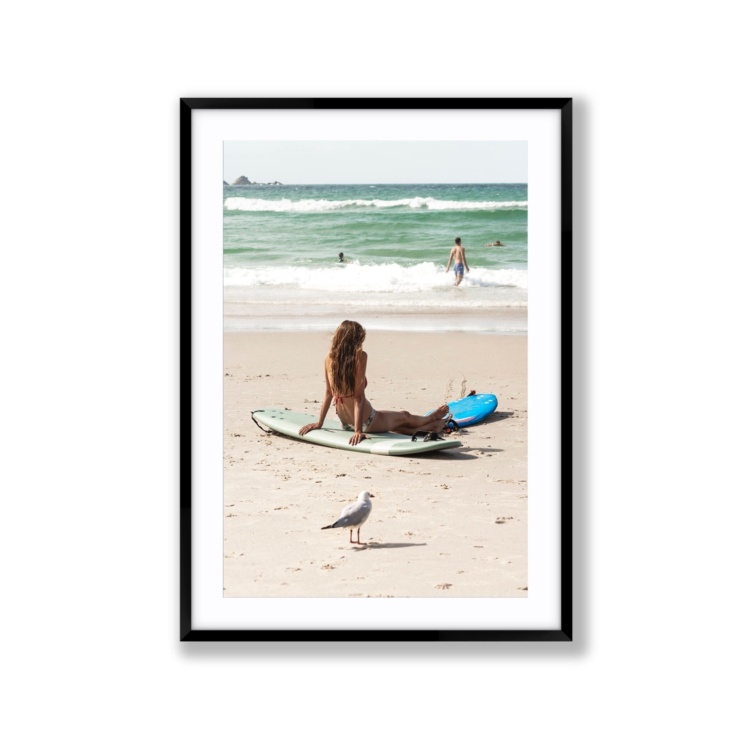 Carissa Byron Bay Surf coastal wall art Extra Large fine art print in black frame with matboard