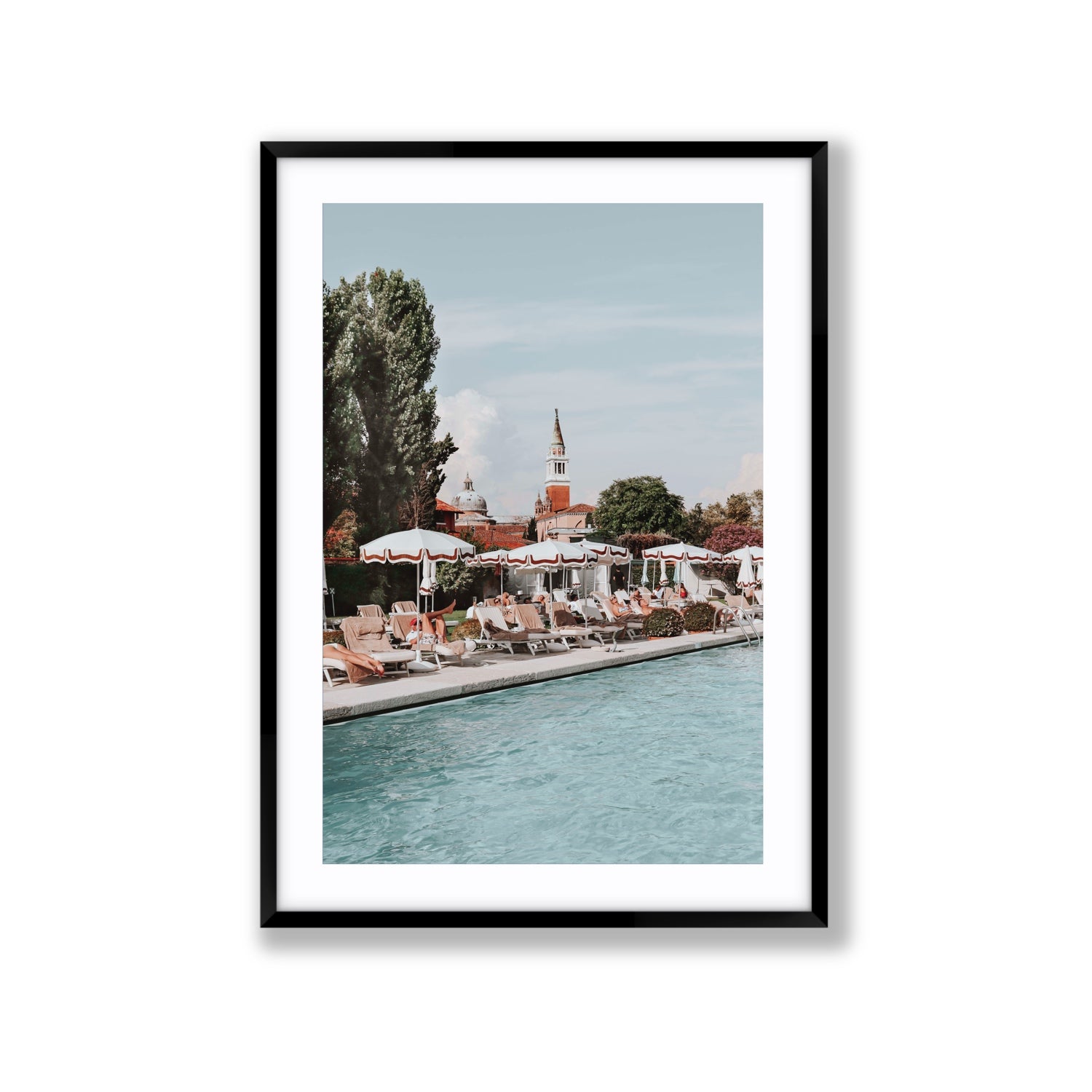 Poolside Perch Venice Italian wall art Extra Large fine art print in black frame with matboard