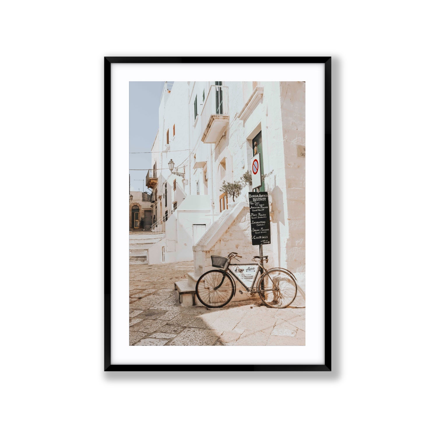 La Bicicletta Puglia Ostuni wall art Extra Large fine art print in black frame with matboard