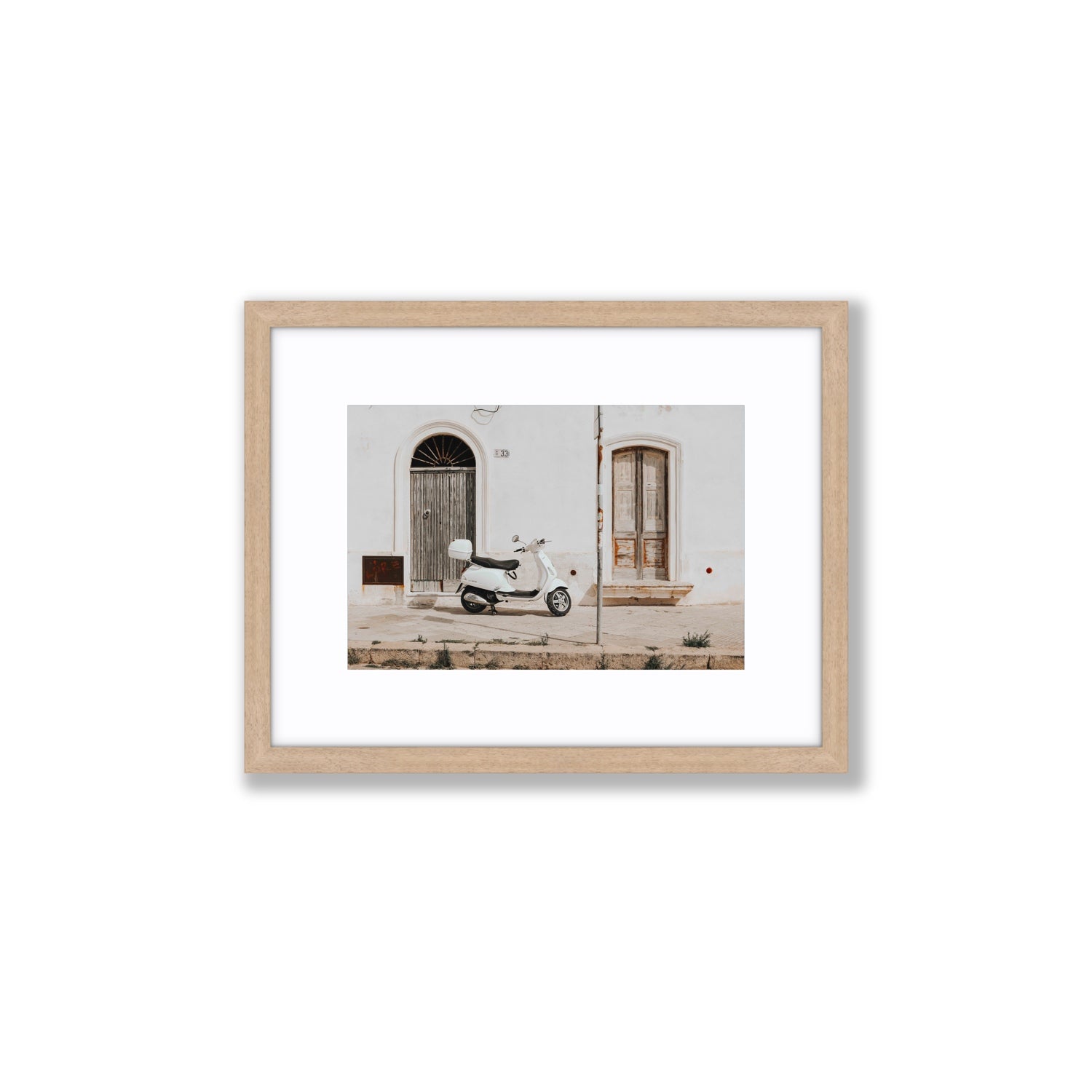 Vespa Nostalgia Puglia Italian wall art Small fine art print in natural oak frame with matboard