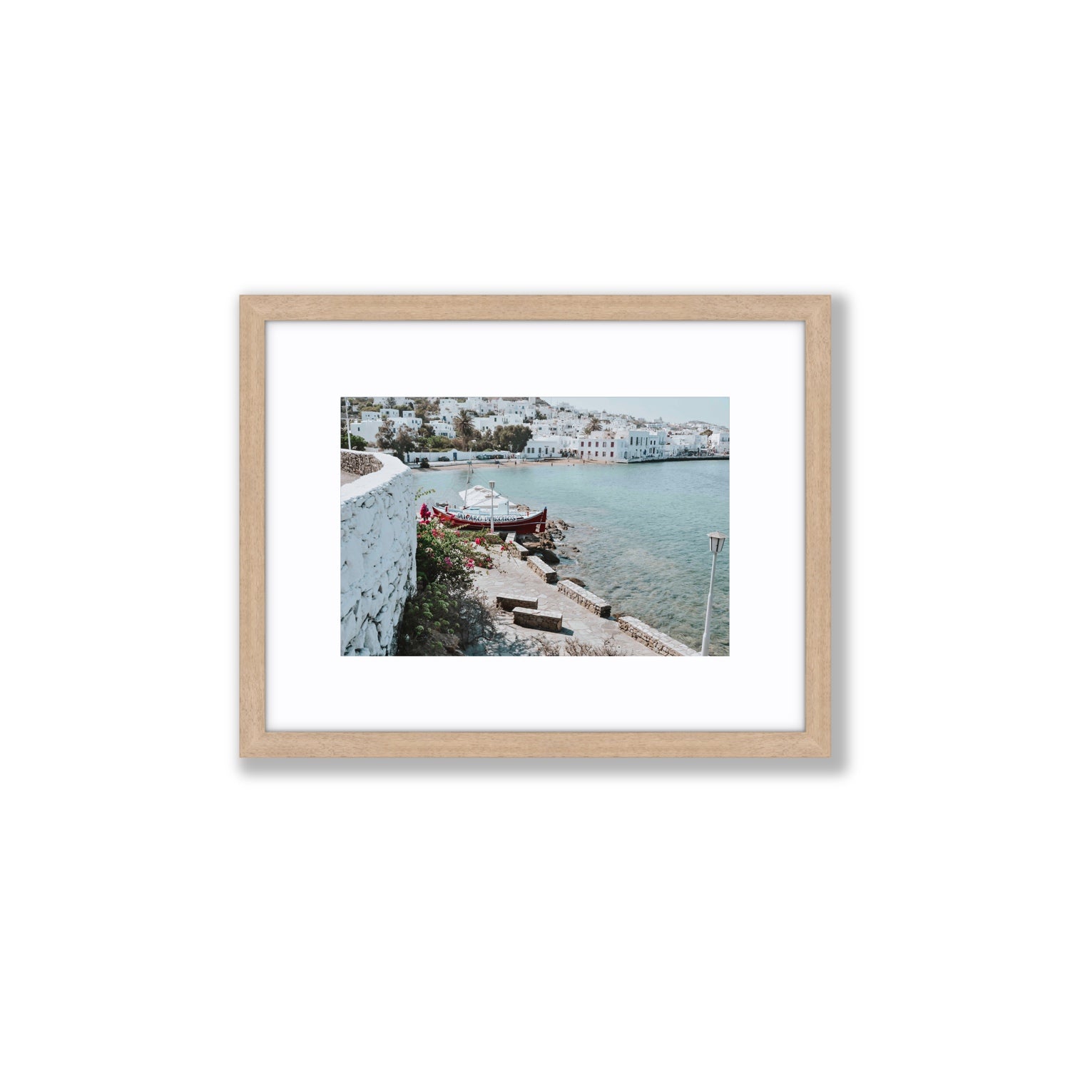 Harika Mykonos Greek island wall art Small fine art print in natural oak frame with matboard