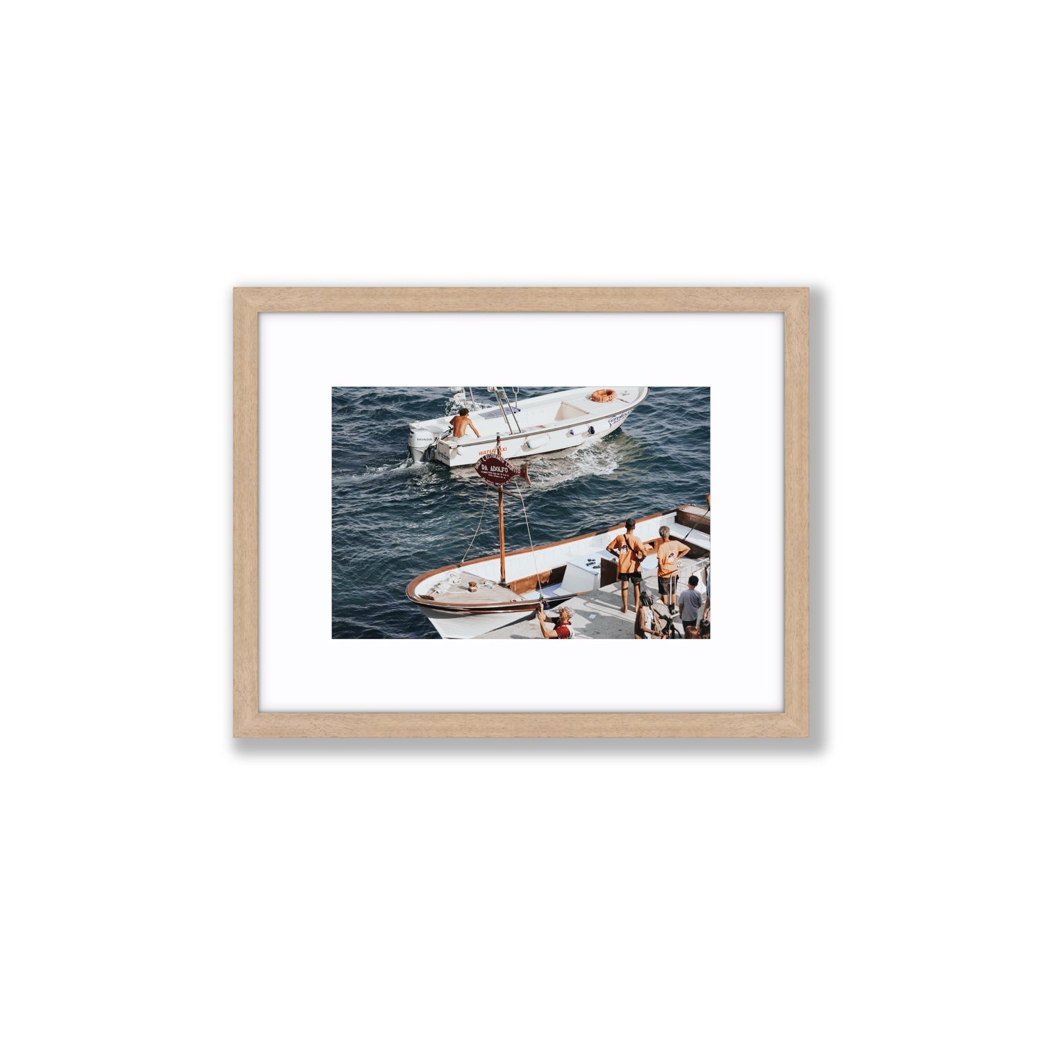 Water Taxi Positano wall art Small fine art print in natural oak frame with matboard