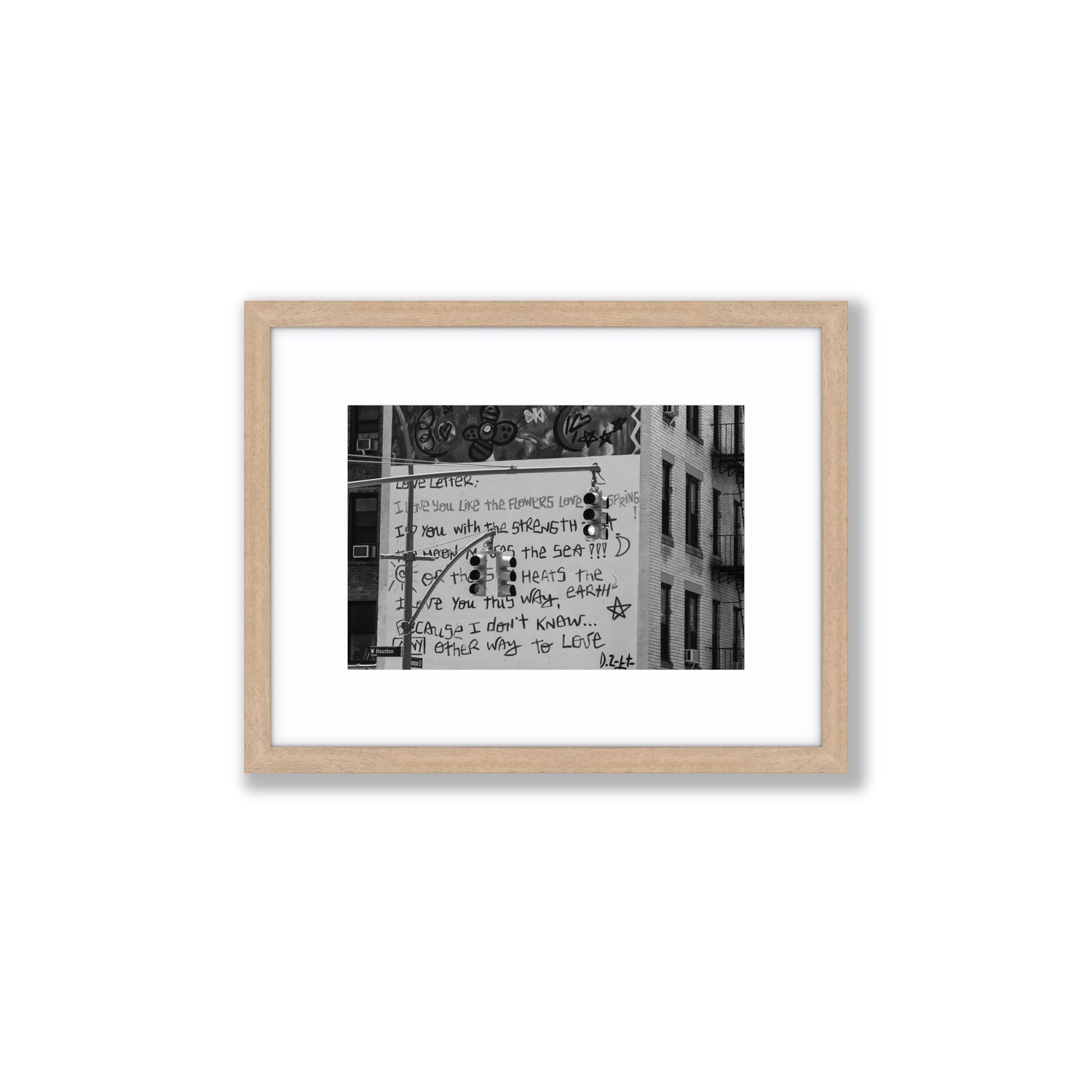 Love Letter New York NYC Black & White wall art Small fine art print in natural oak frame with matboard
